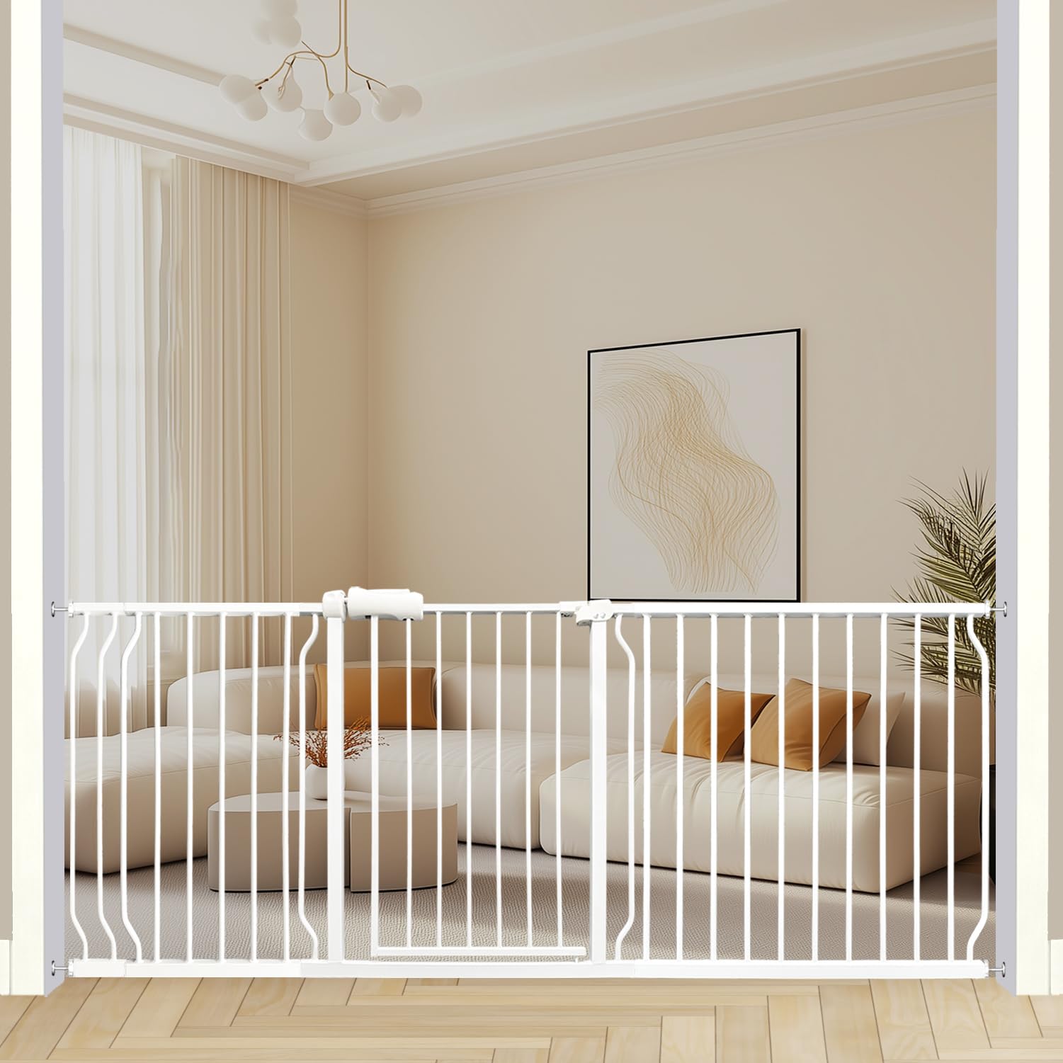 Heavy Duty Baby & Dog Safety Gate - Extra Wide 76.4-81.1 Inch, White Metal, Tension Mounted No Drilling Pet Gate for Stairs & Do