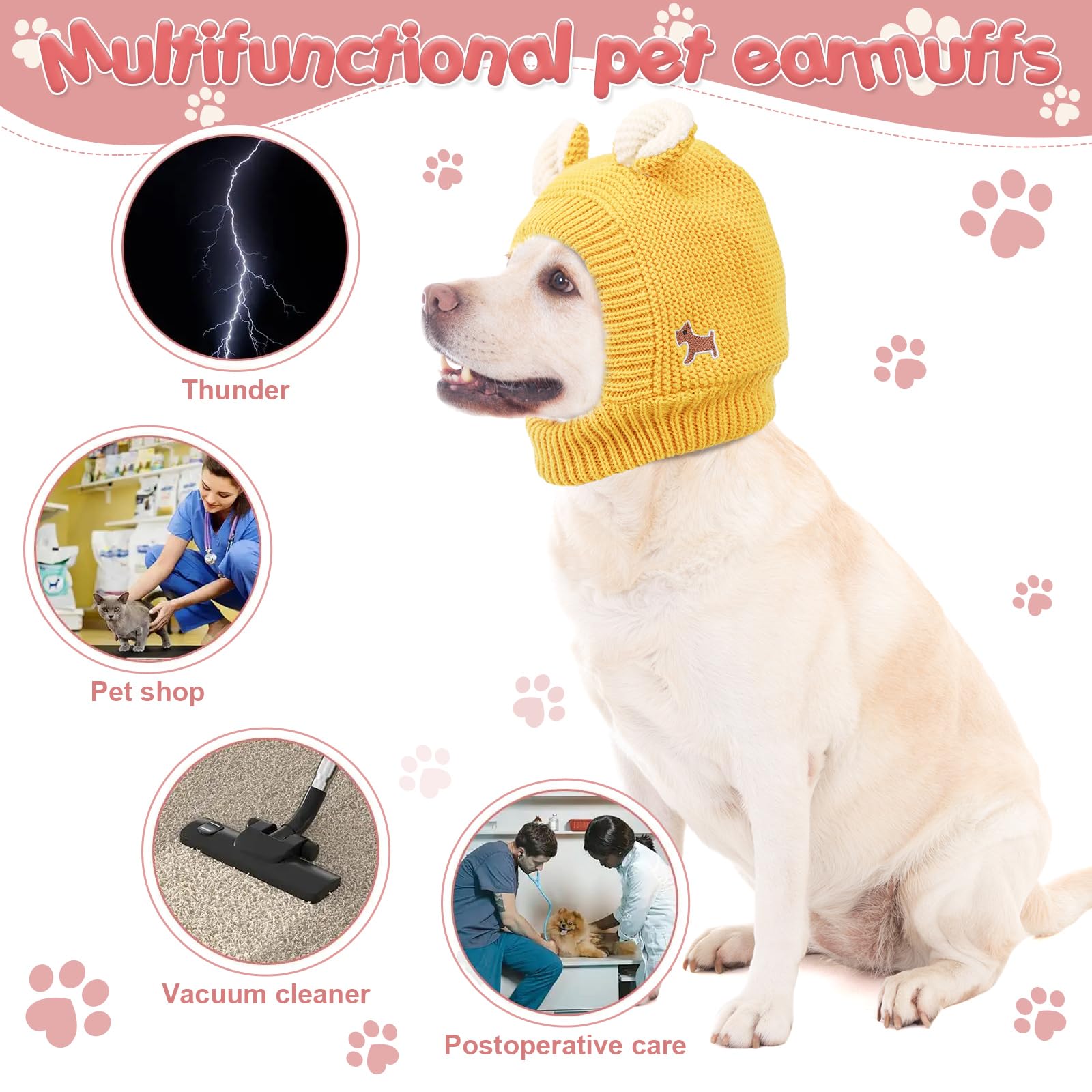 Quiet Ears For Dogs, Dog Ear Muffs Noise Protection Knitted Pet Ears Snood Head Wrap Hats For Medium To Large Cats Pets(Yellow)