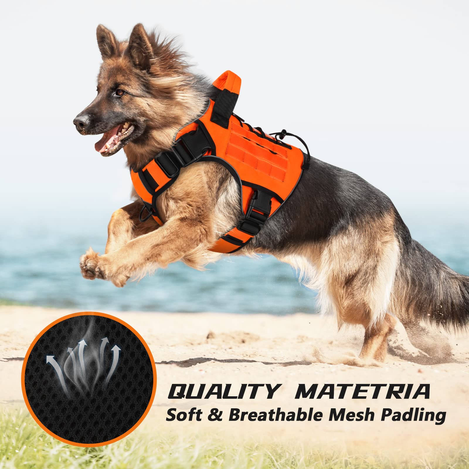Wingoin Orange Tactical Dog Harness Vest For Large Dogs No Pull Adjustable Reflective K9 Military Dog Service Dog Harnesses With Handle For Walking, Hiking, Training(L)