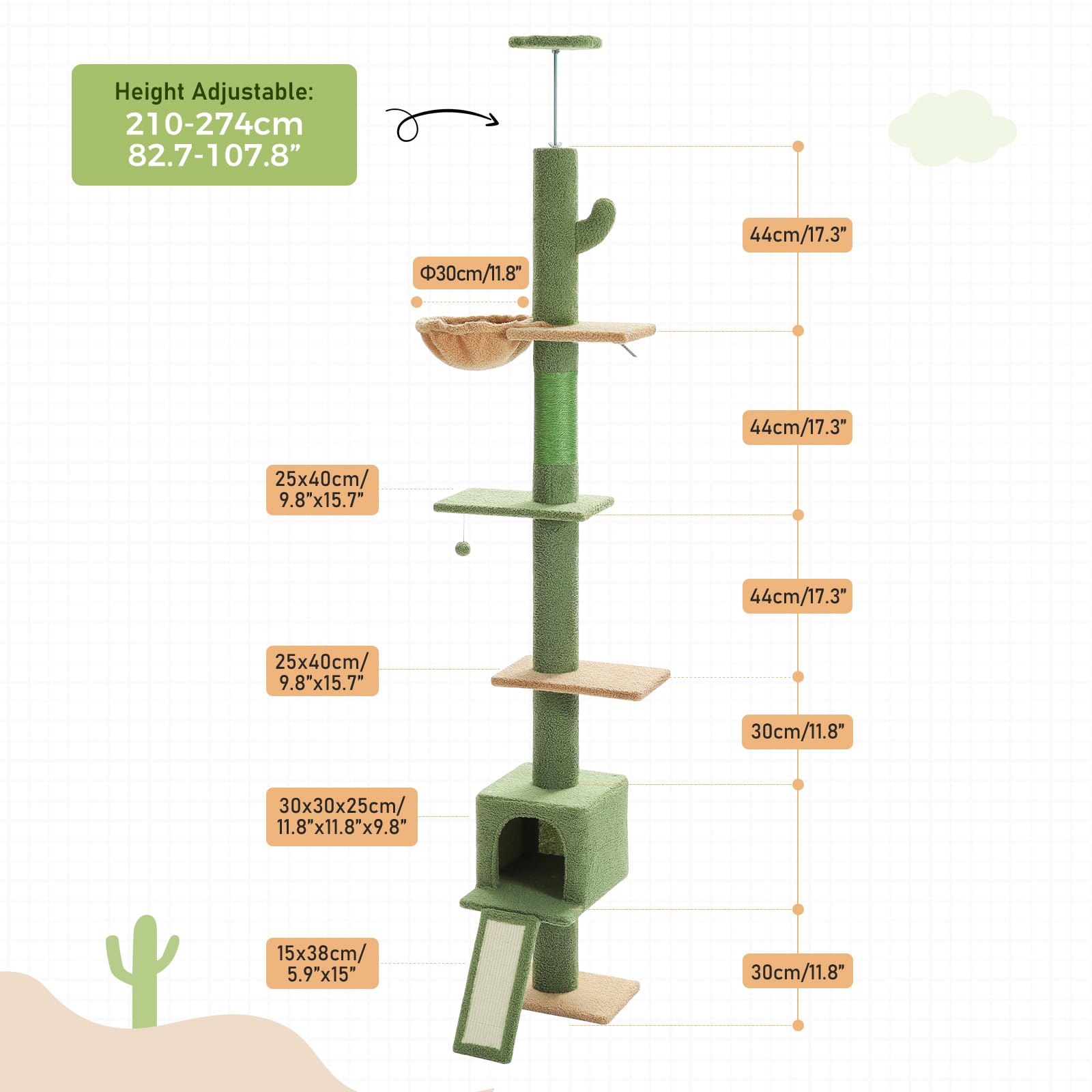 Pequlti Cat Tree Floor To Ceiling,Cactus Tall Cat Tower, Adjustable Height (83''-108'') 5 Tiers Climbing Tree For Indoor Cats Wi
