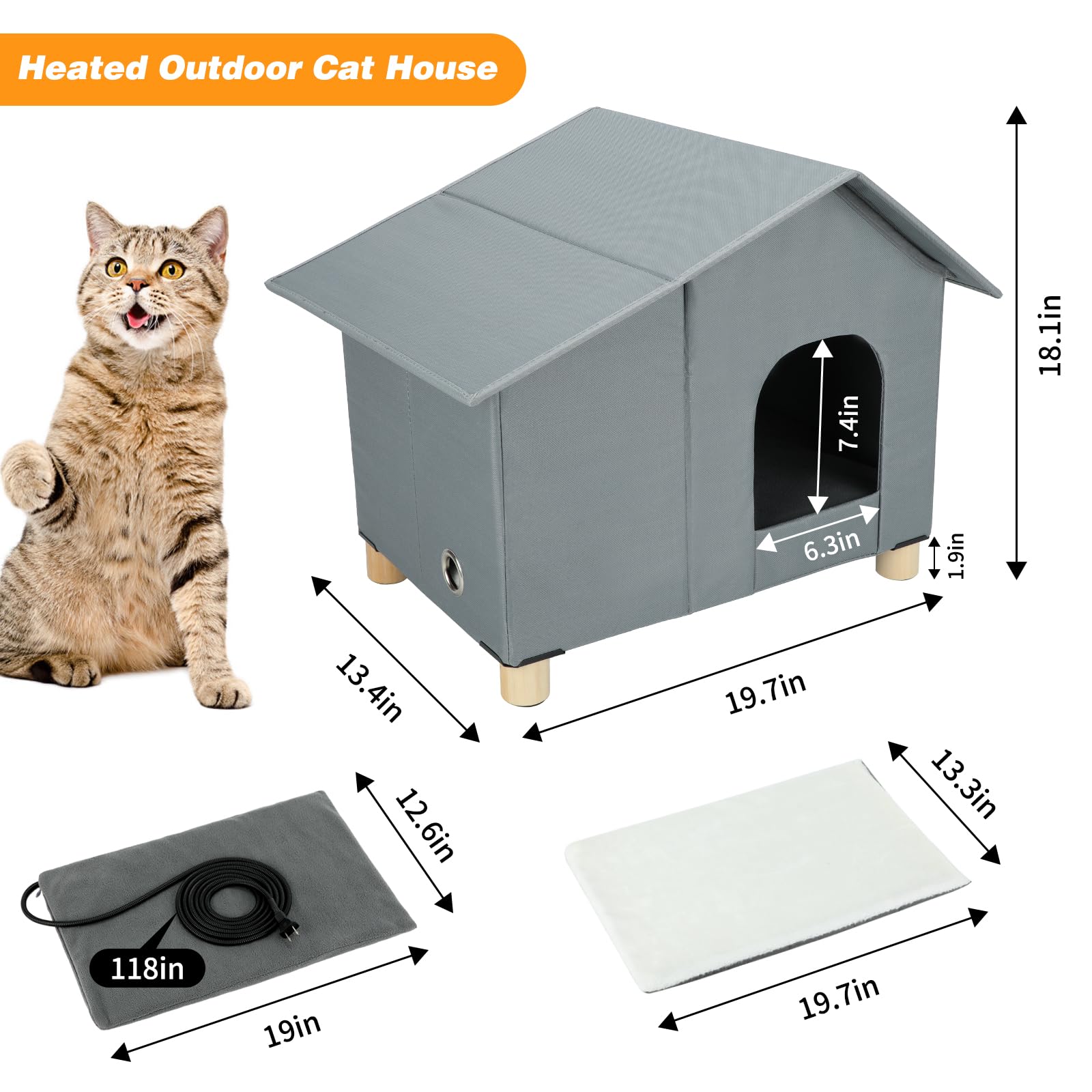 BWOGUE Elevated Heated Cat House for Outdoor Cats - Extra-Wide Weatherproof Insulated Shelter with Heating Pad, Grey