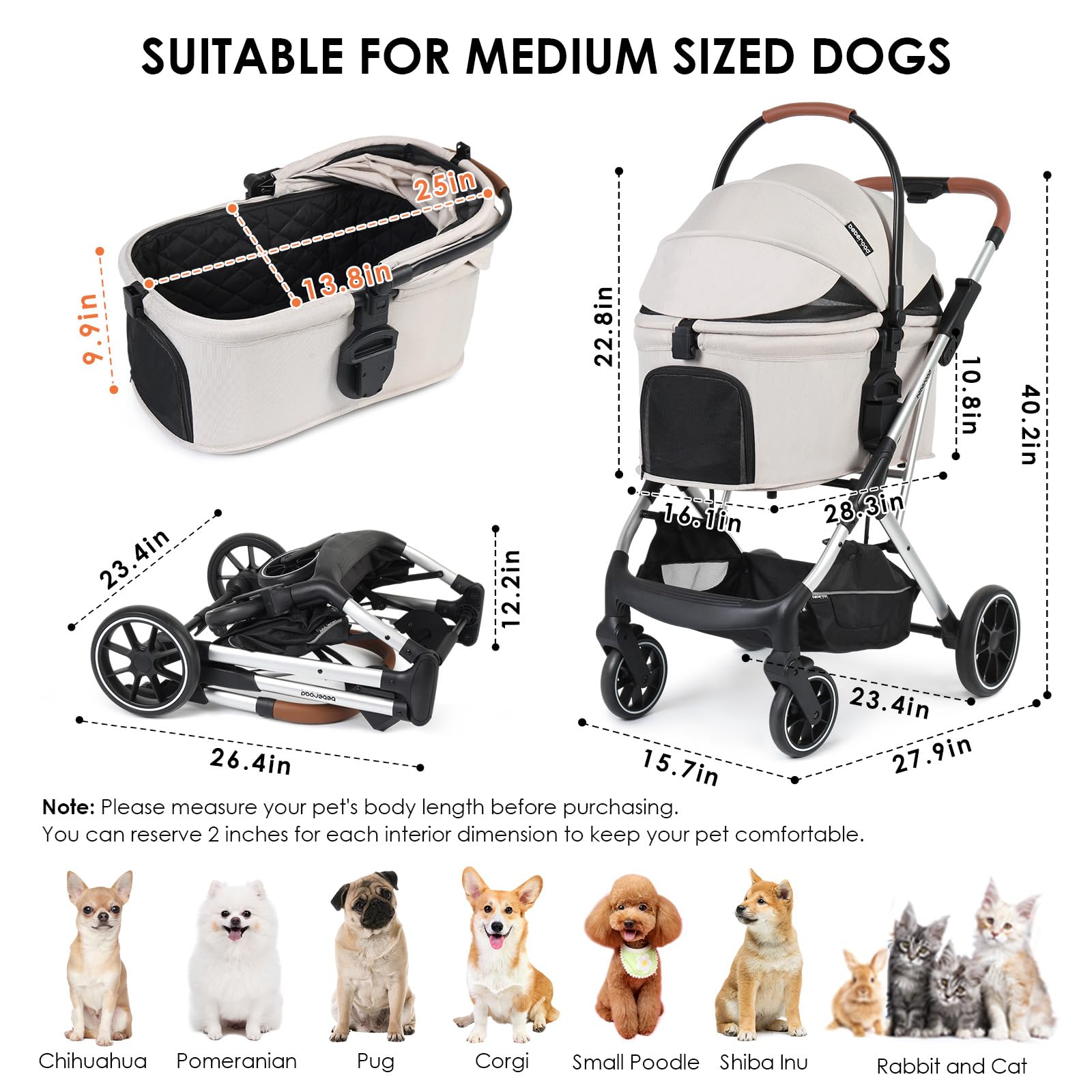 Beberoad Pets T6 Luxury Pet Stroller For Medium Dog Under 66Lbs Or 2 Small Dogs & Cats, Foldable And Carrier -Detachable (Beige)