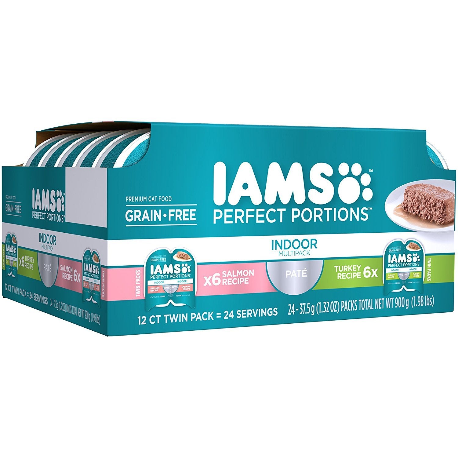 Iams Premium Cat Food Grain Free Perfect PORTIONS Indoor Multi Pack 6- (12-Servings) Salmon Recipe, 6- (12-Servings) Turkey Reci