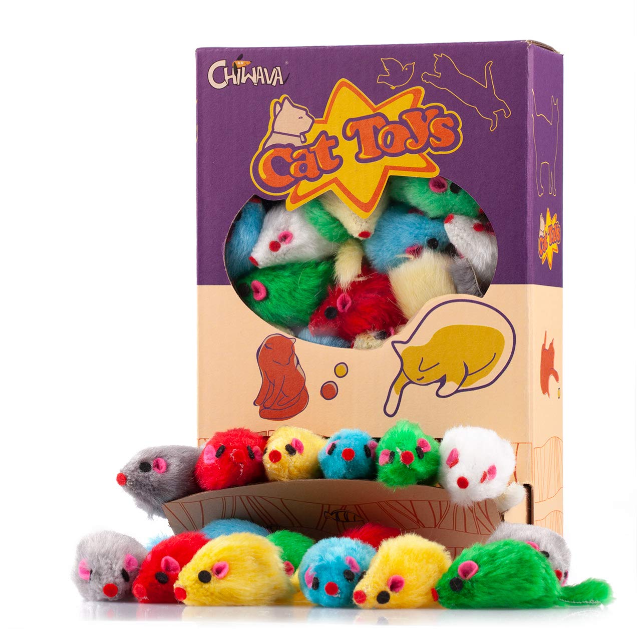 Chiwava 36Pcs 4.1'' Furry Cat Toy Mice Rattle Small Mouse Kitten Interactive Play Assorted Color