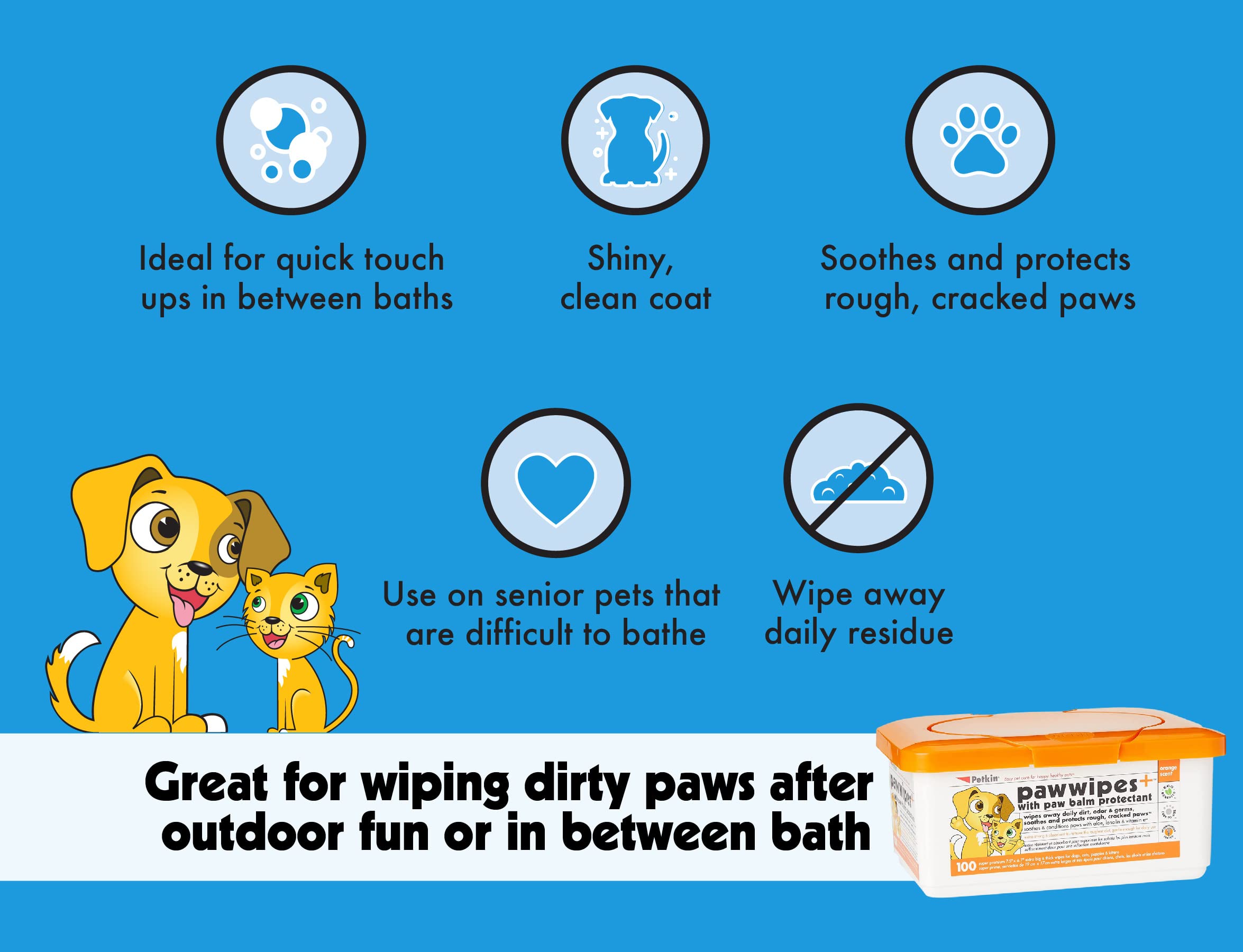 Petkin Paw Wipes Plus, 100 Orange Scented Wipes - Absorbent Pet Paw Wipes Remove Daily Dirt & Odors - Enriched With Paw Balm Protectant - Easy To Use Pet Wipes For Dogs, Cats, Puppies & Kittens