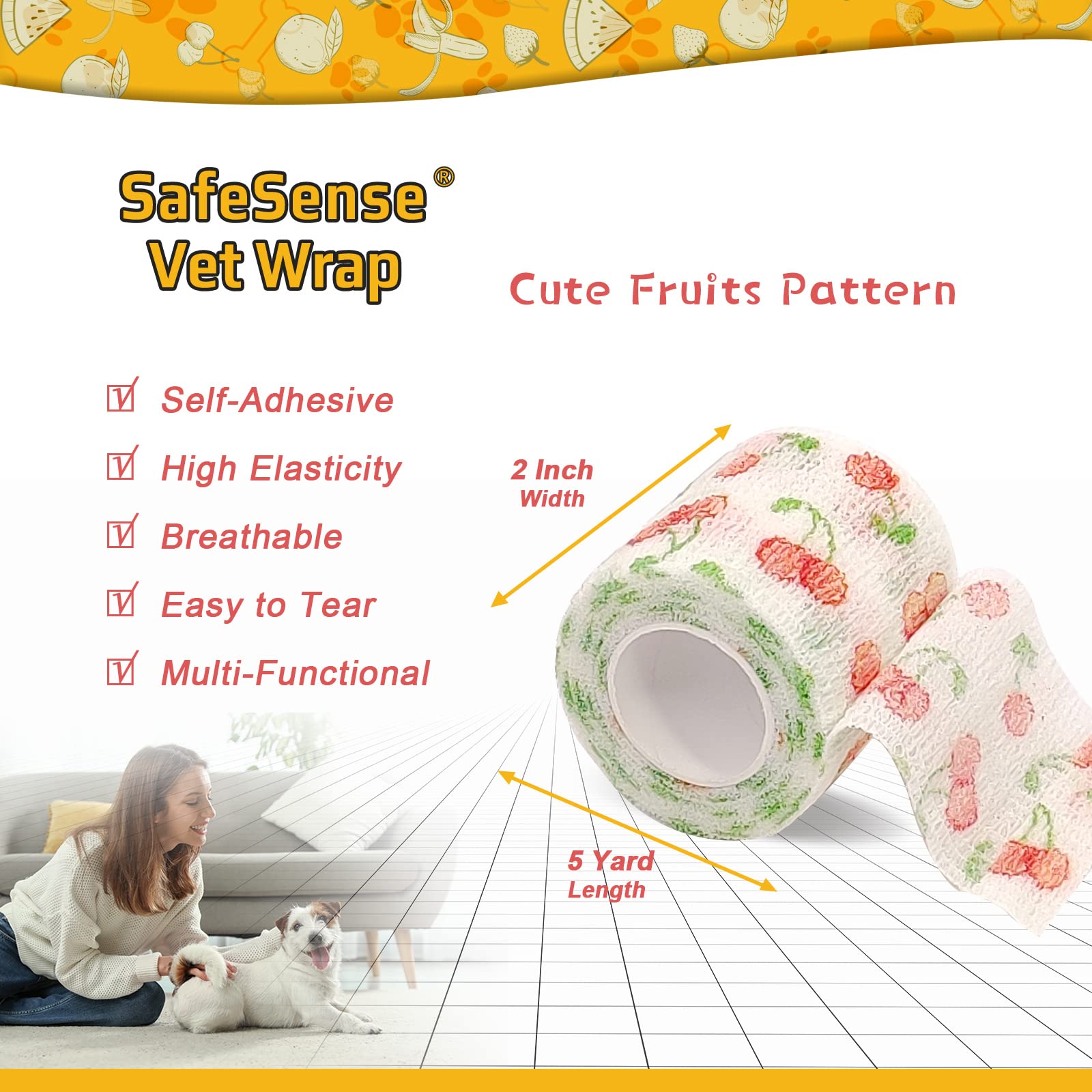 SafeSense 6 Pack Vet Wrap 2 inch for Dogs Horses, Pet Wrap Bandage Self Adhesive, Coban Bandages for Wounds Breathable Non Woven