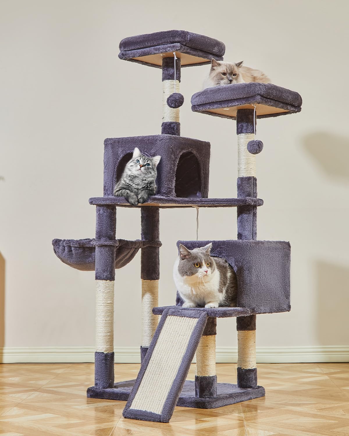 Taoqimiao 56.3-Inch Cat Tree, Cat Tower With Scratching Posts, Cat Tree House For Indoor Cats With Hammocks, Toys, Condo And Lar