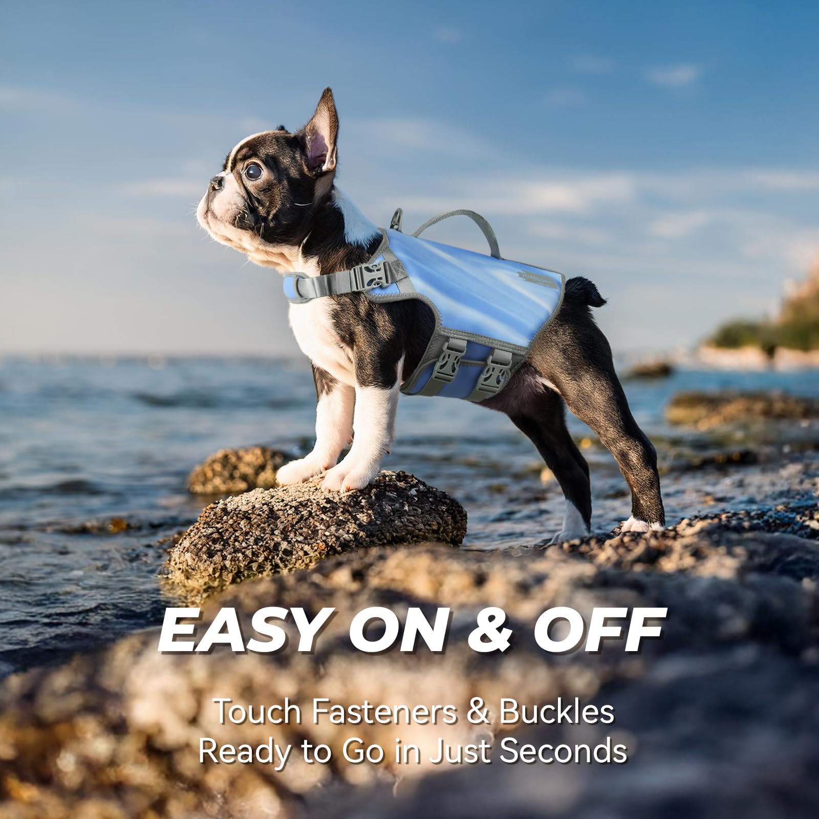 Vivaglory Neoprene Dog Life Jacket Dog Life Vest For Boating Hunting & Swimming, Lightweight With Leash Ring, L, Blue Wave