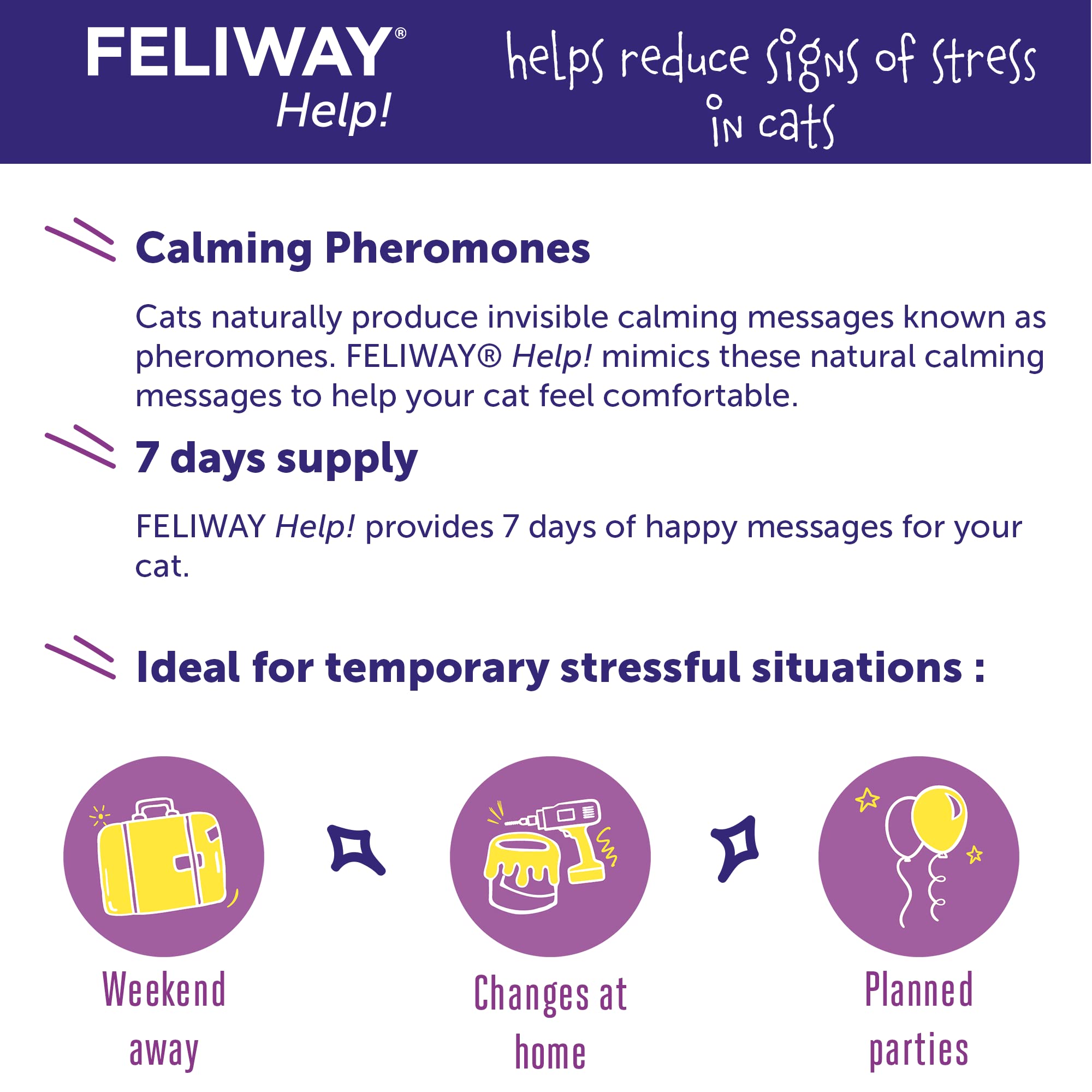 FELIWAY® Cat Calming Pheromone Refills, 3-Pack, 7 Days, Purple, Model E81820B, Ethylene Vinyl Acetate