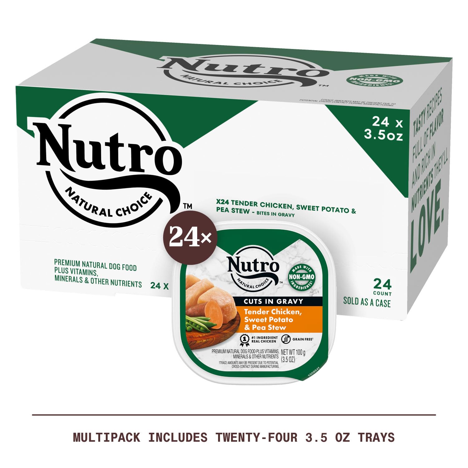 Nutro Adult Natural Grain Free Wet Dog Food Cuts in Gravy Tender Chicken, Sweet Potato & Pea Stew Recipe, 3.5 oz. Trays (24 Coun