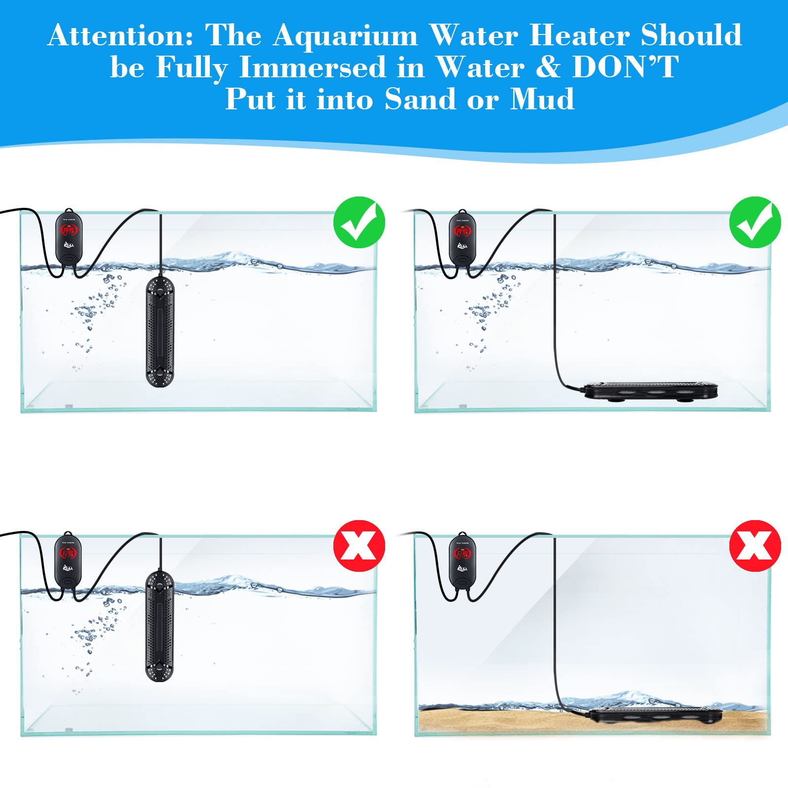 Aqqa Aquarium Heater 800W For 80-220 Gallon Submersible Fish Tank Heater For Aquarium Betta Fish Heater Aquarium Thermostat Heater Hydroponic Freshwater & Saltwater (800W, 80-220Gal)