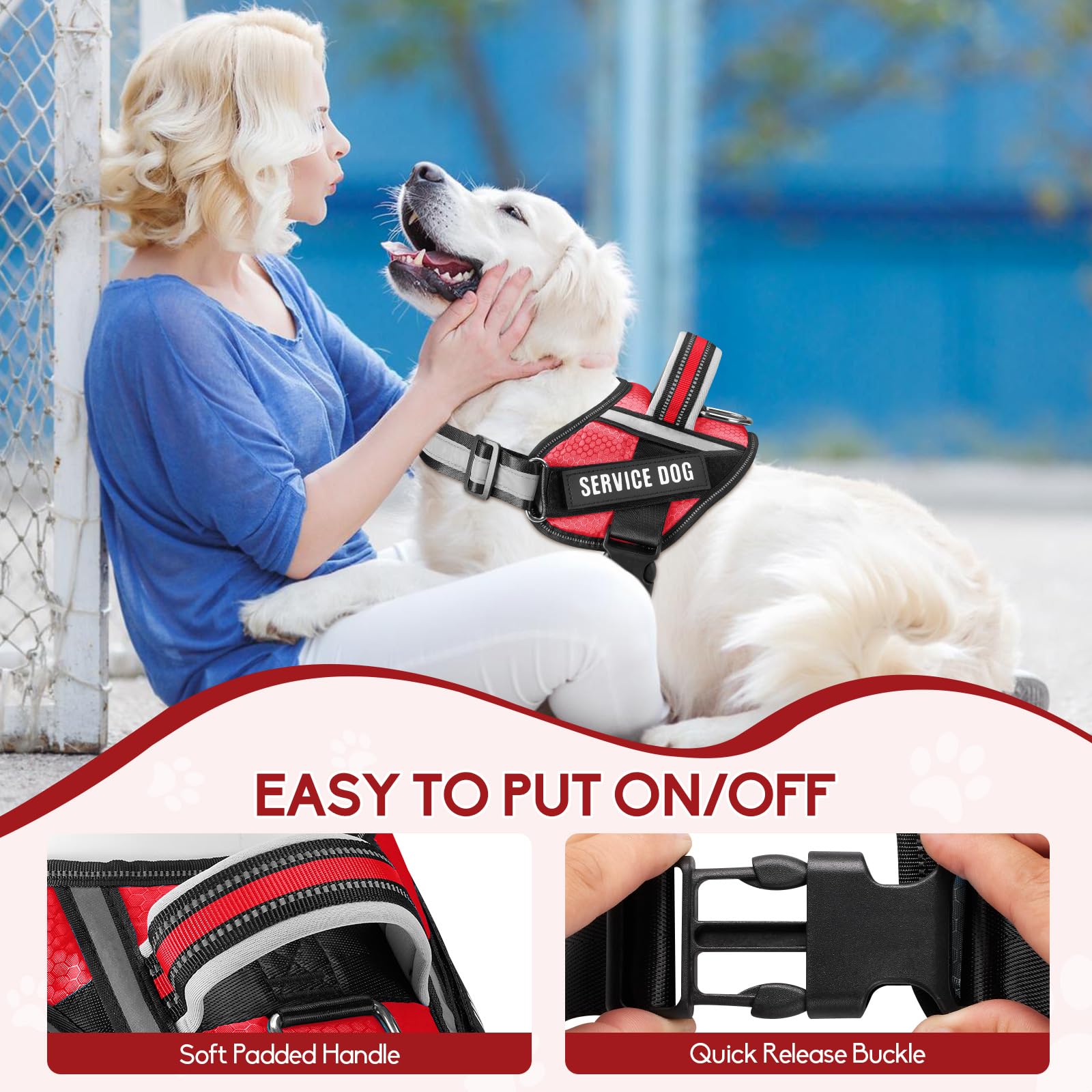 Service Dog Vest Harness And Leash Set, Animire In Training Dog Harness With 8 Dog Patches, Reflective Dog Leash With Soft Padded Handle For Small, Medium, Large, And Extra-Large Dogs (Red,M)