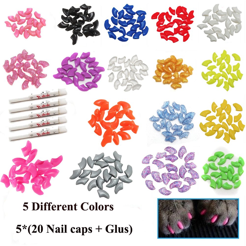 Victhy 100Pcs Cat Nail Caps, Cat Claw Caps Covers With Glue And Applicators Extra Small/Kitten 5 Colors, 20 Pcs/Color