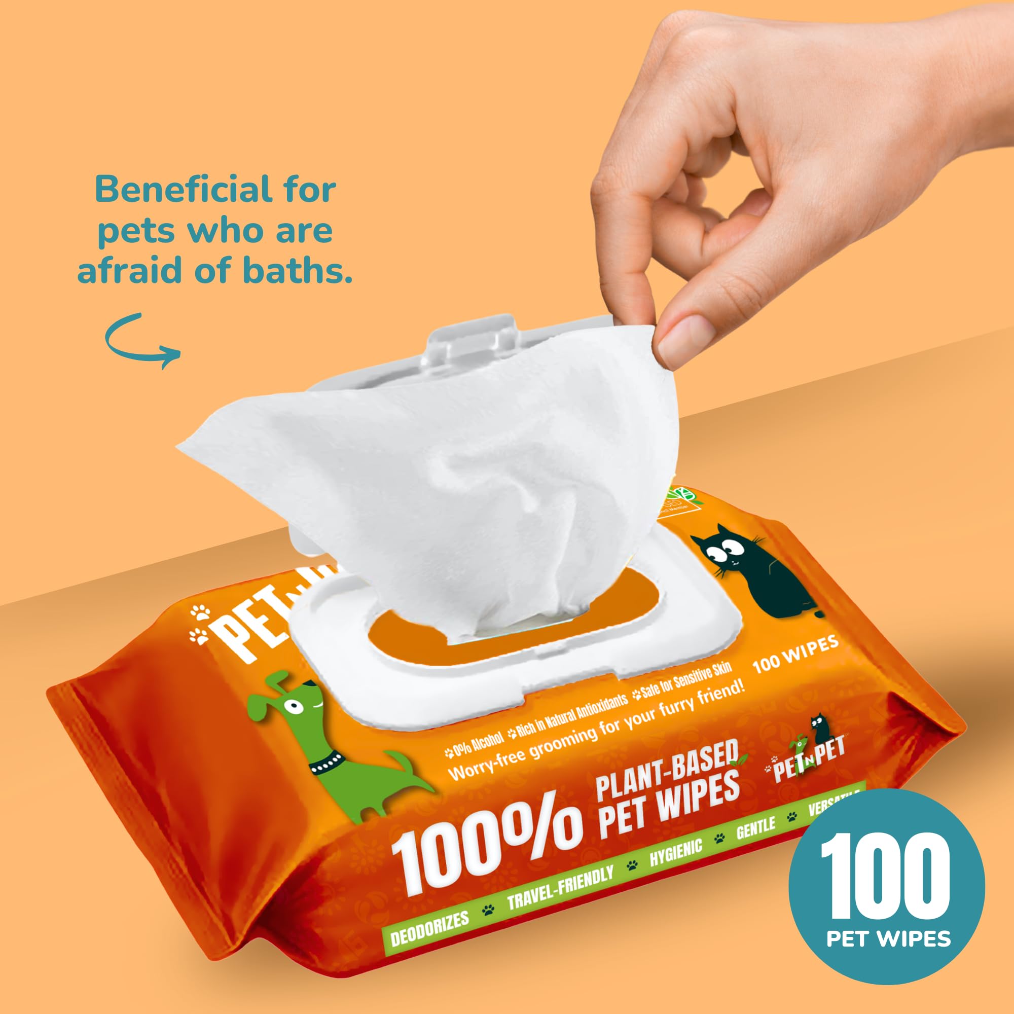 Pet N Pet 100% Plant Based Dog Wipes For Paws And Butt, 100 Counts Hypoallergenic Unscented Dog Pet Wipes, 8' X 8'