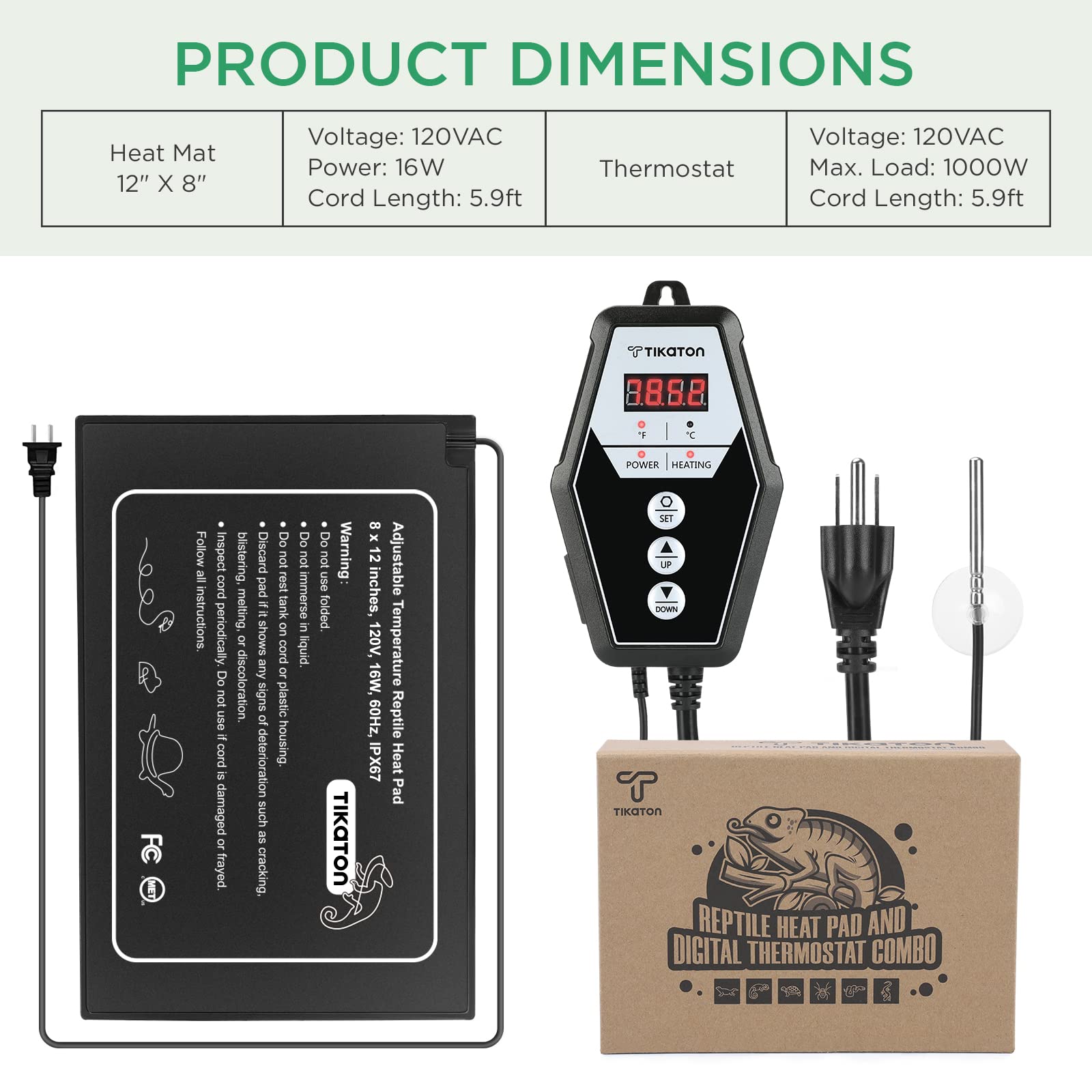 Tikaton Reptile Heating Pad And Digital Thermostat Combo Set, Under Tank Heater For 10-20Gal/30-40Gal Tank, Terrarium Heat Mat F