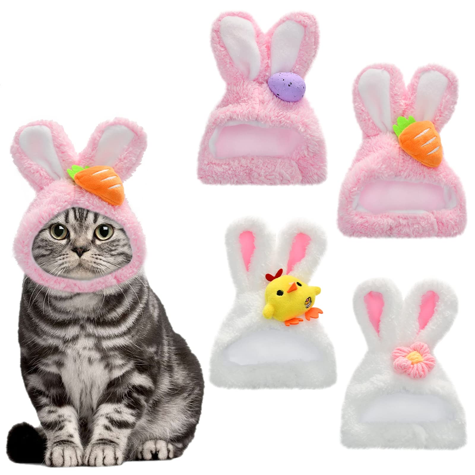 Shurung Bunny Ear Hat For Cat & Small Dog, Soft Plush Adjustable Rabbit Themed Easter Headwear, 4Pcs Set In 4 Styles
