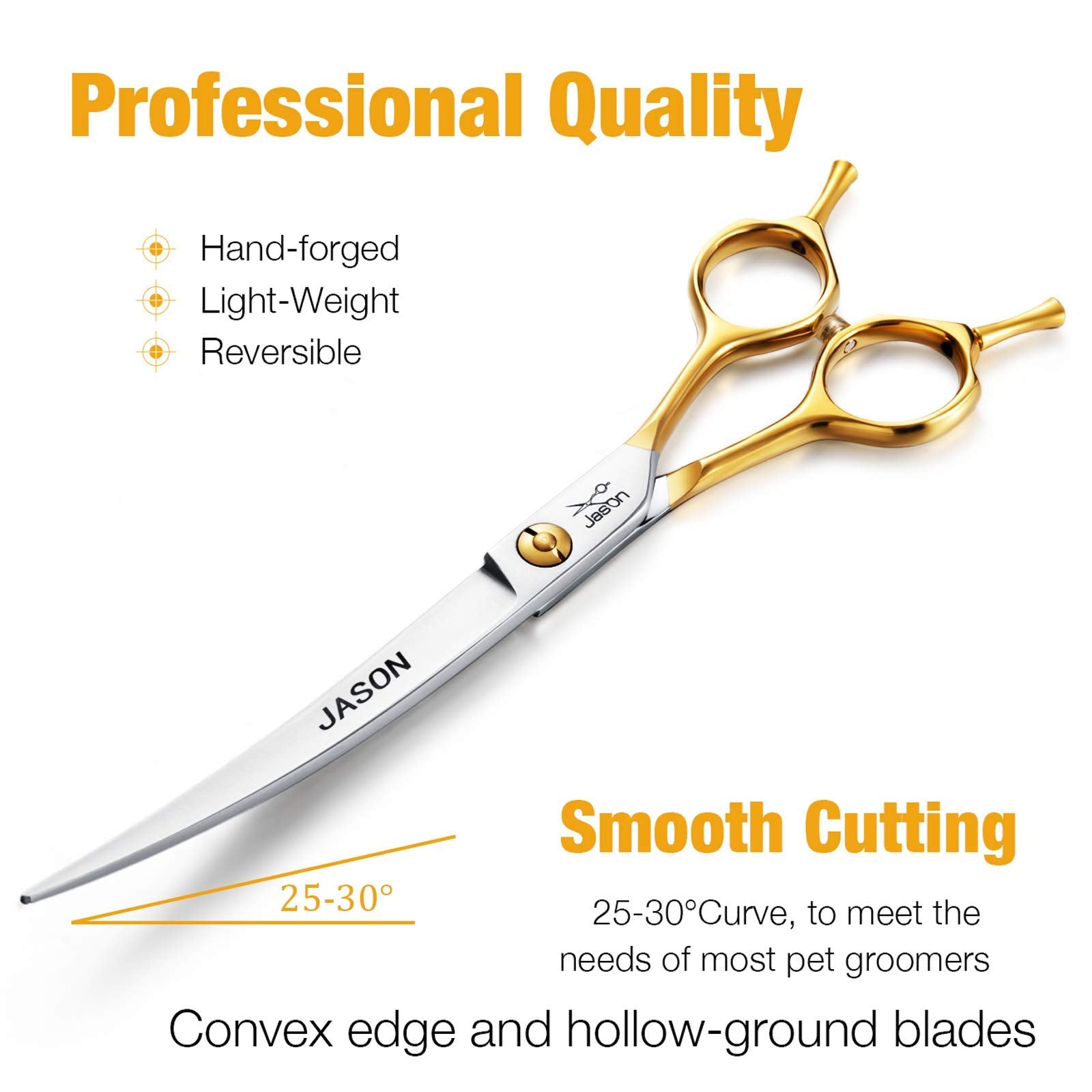 Jason 7.5' Curved Dog Grooming Scissors, Cats Grooming Shears Pets Trimming Kit For Right Handed Groomers, Sharp, Comfortable Shear