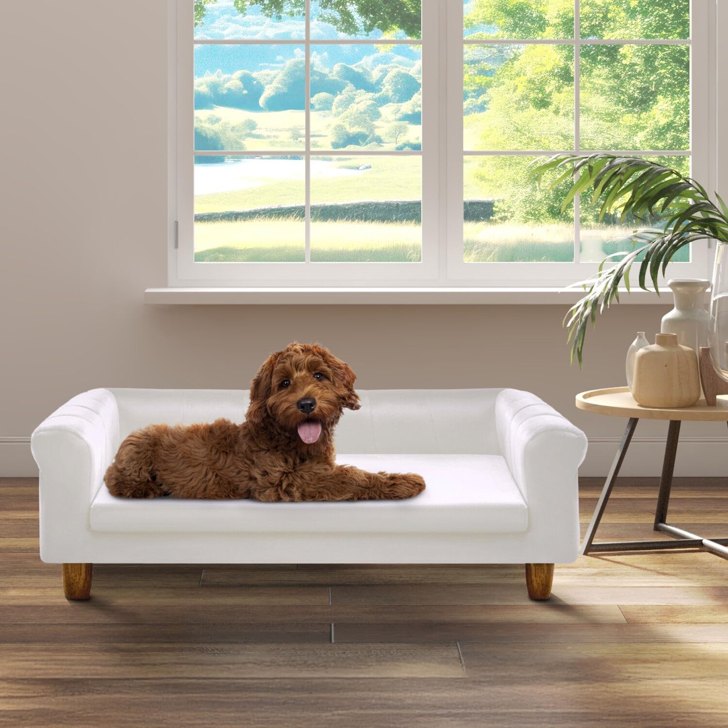 Critter Sitters 42-In. Elegant Cream Faux-Velvet Rectangular Dog Sofa For Medium And Large Dogs, Durable Elevated Dog Sofa Bed,
