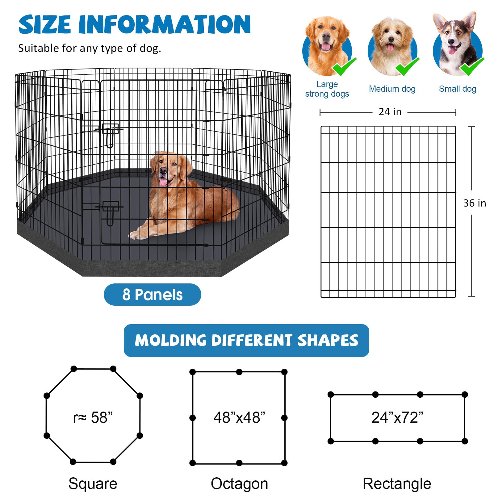 Dog Pen Pet Playpen Dog Fence Indoor Foldable Metal Wire Exercise Puppy Play Yard Pet Enclosure Indoor Outdoor 8 Panels 36 Inch