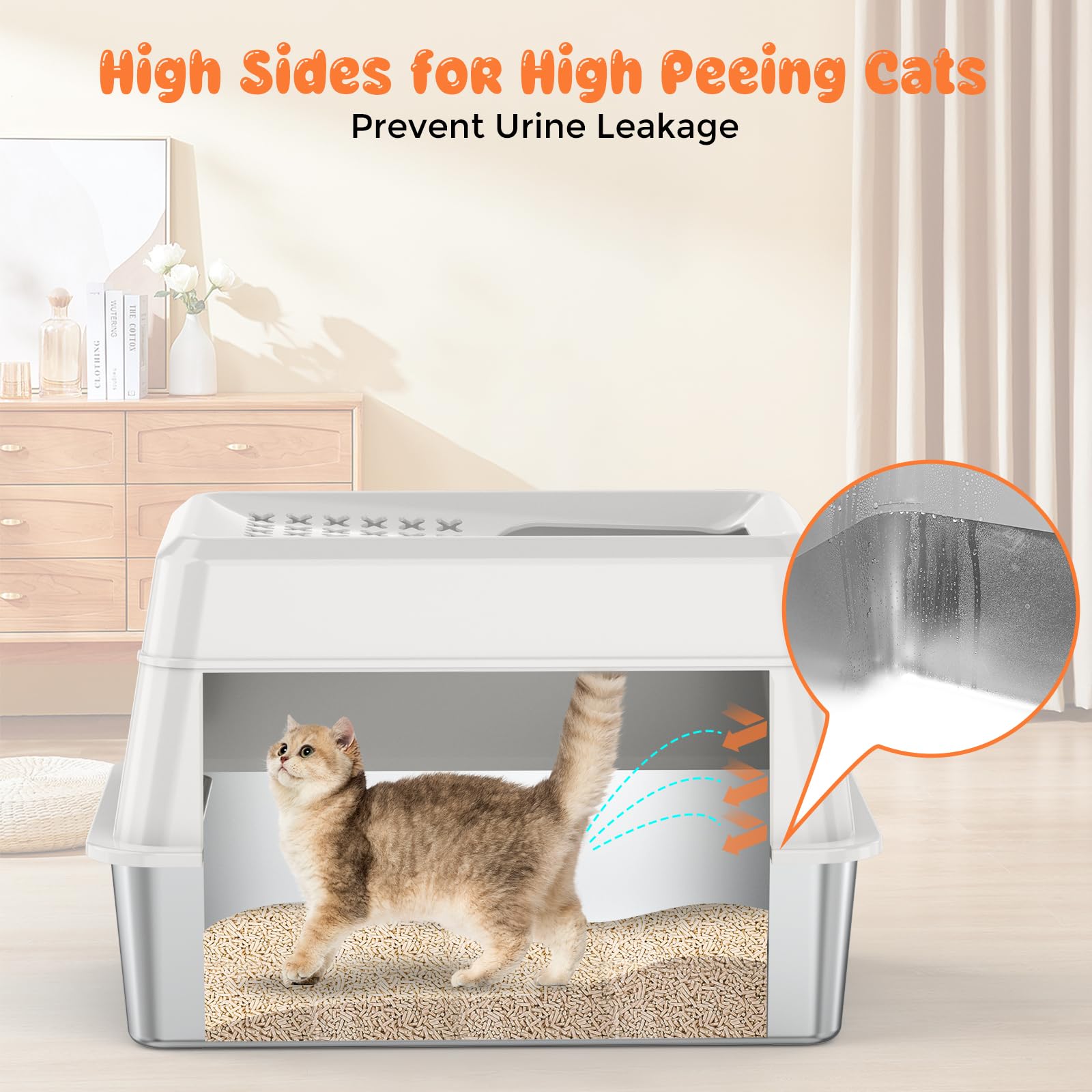 URPOWER Extra Large Stainless Steel Cat Litter Box with Lid, Non-Sticky Metal Pan, High Sided Enclosure, Easy Cleaning, White