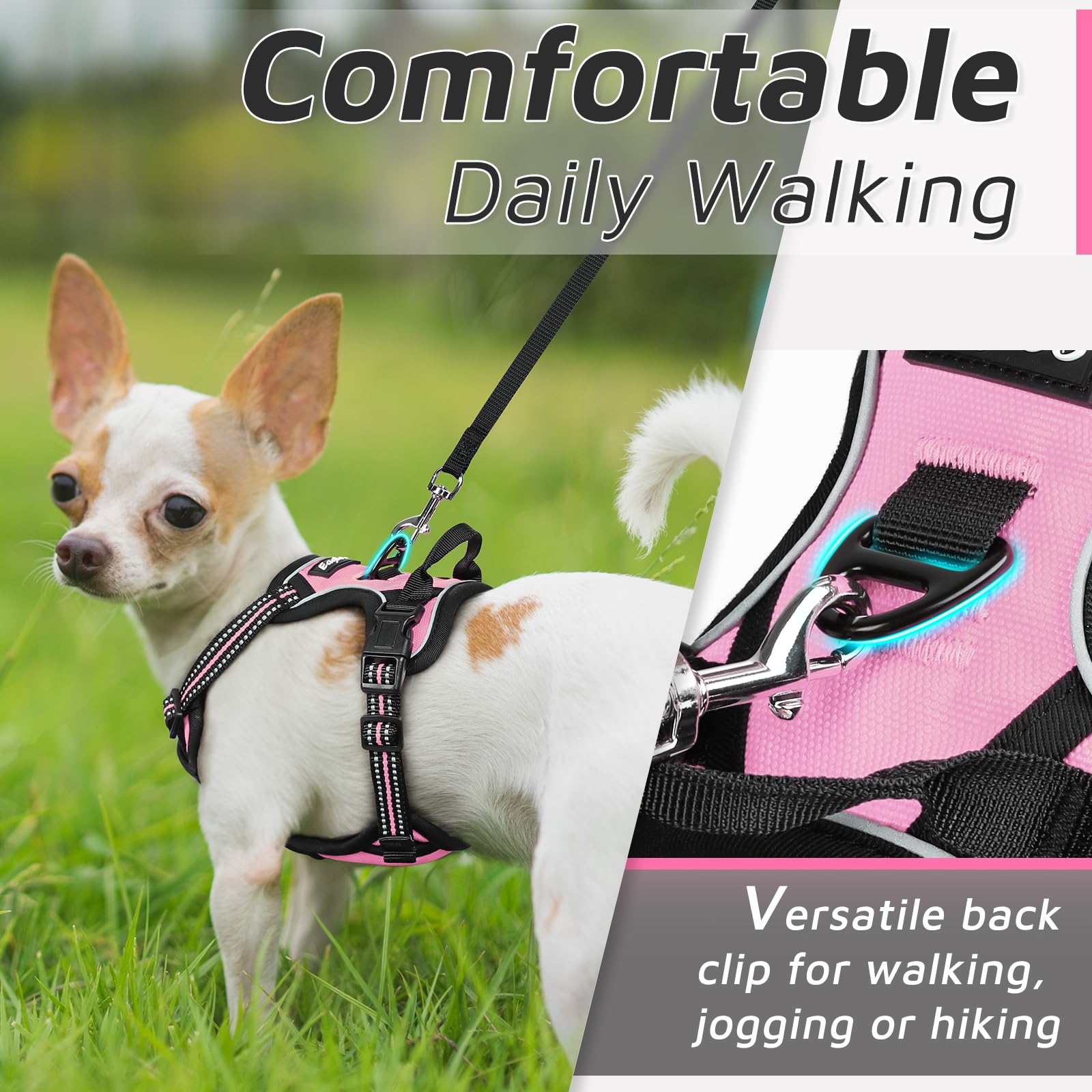 Eagloo Small Dog Harness No Pull, Service Vest With Reflective Strips And Control Handle, Adjustable And Comfortable For Easy Walking, No Choke Pet Harness With 2 Metal Rings, Pink, Xs