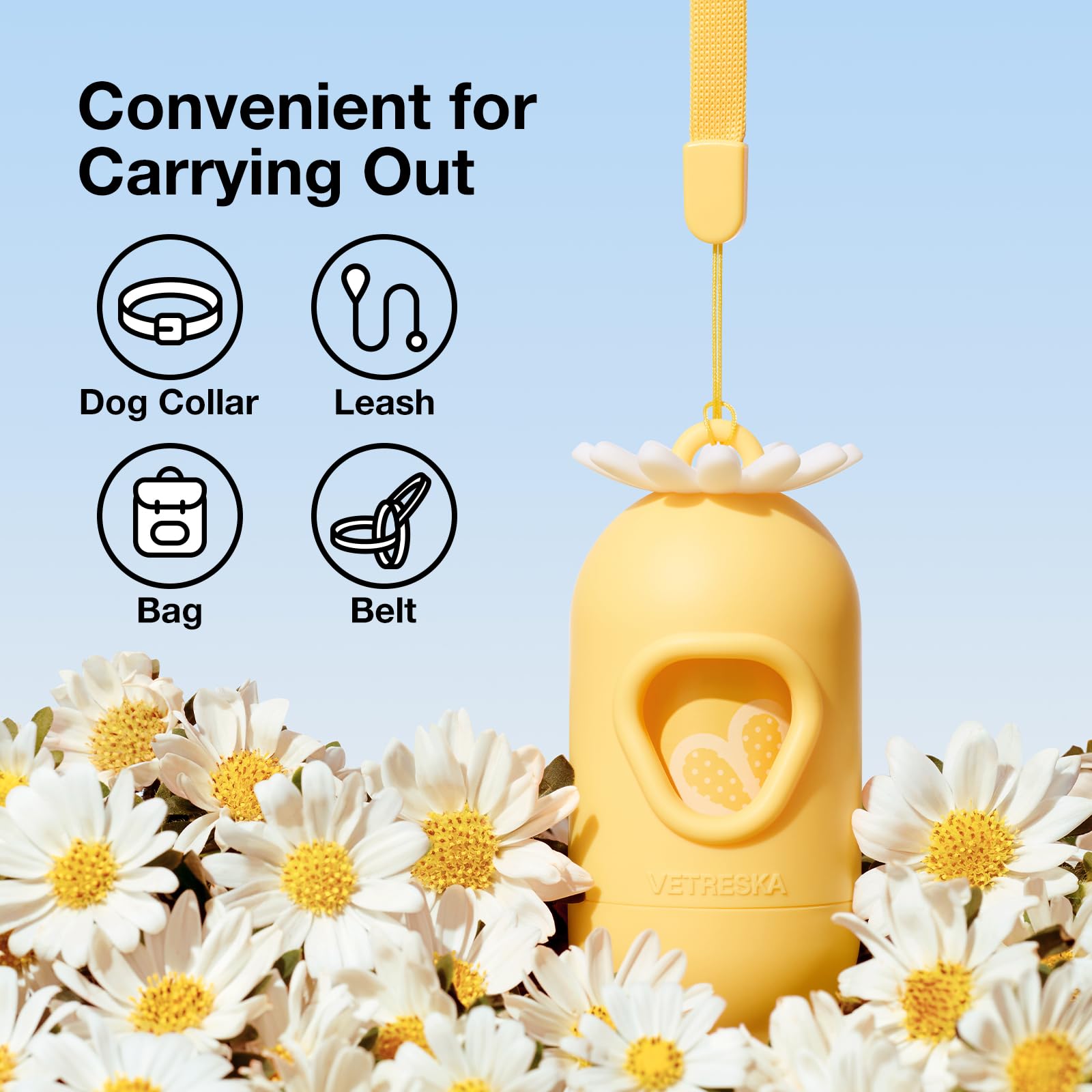 Vetreska Dog Poop Bag Holder With Daisy Scented Bags Pet Waste Bag Dispenser For Leash Leak-Proof Poop Bags For Dog Walking 1 Ho