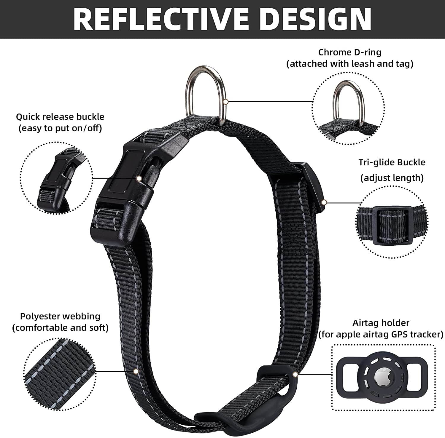 Konity Airtag Cat Collar, Compatible With Apple Airtag, Nylon Pet Kitten Puppy Collar With Silicone Holder For Small Dogs, Black