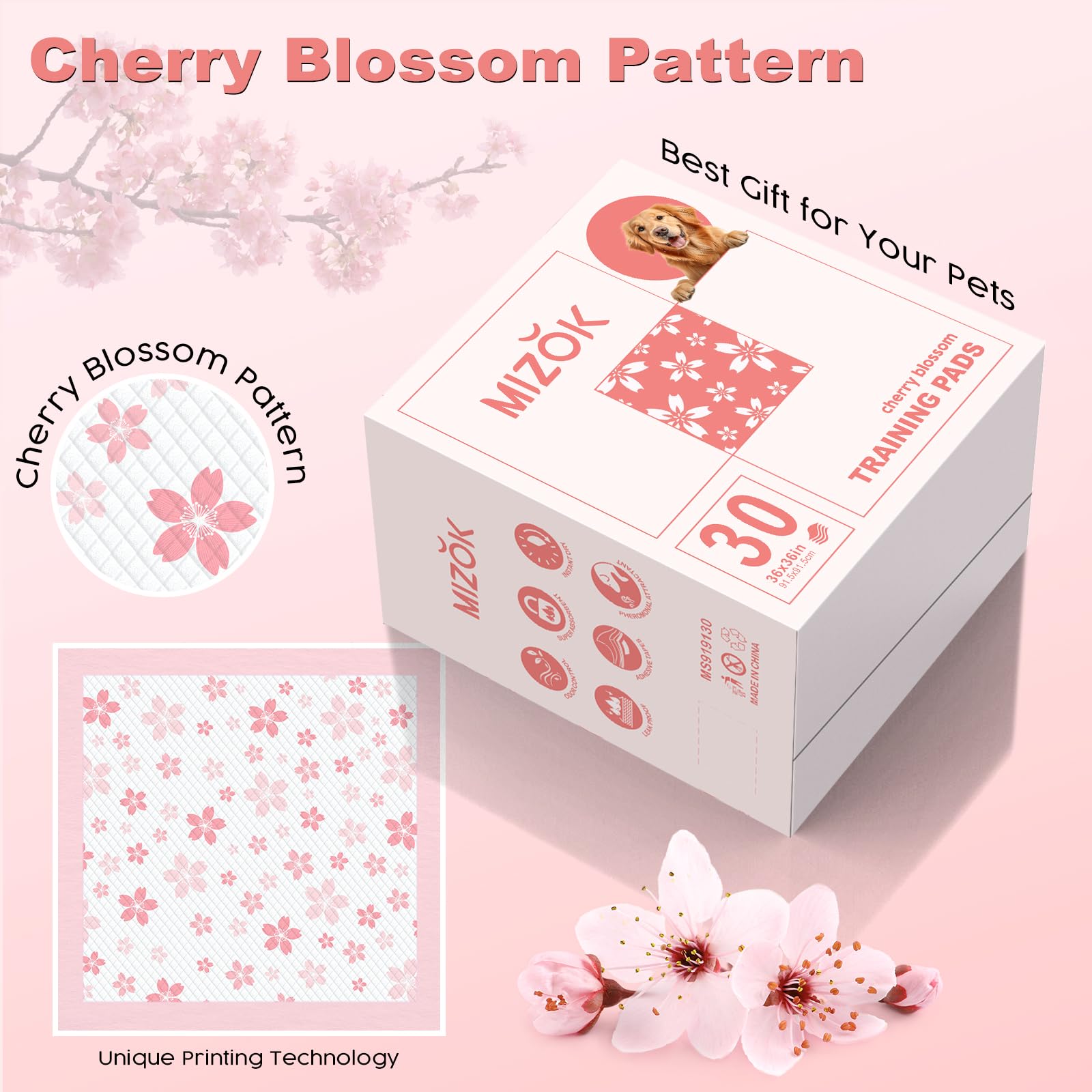 MIZOK 36x36 Puppy Pads - Extra Large, Leak-Proof, Quick-Dry, Pink with Cherry Blossom Prints (30 Count)