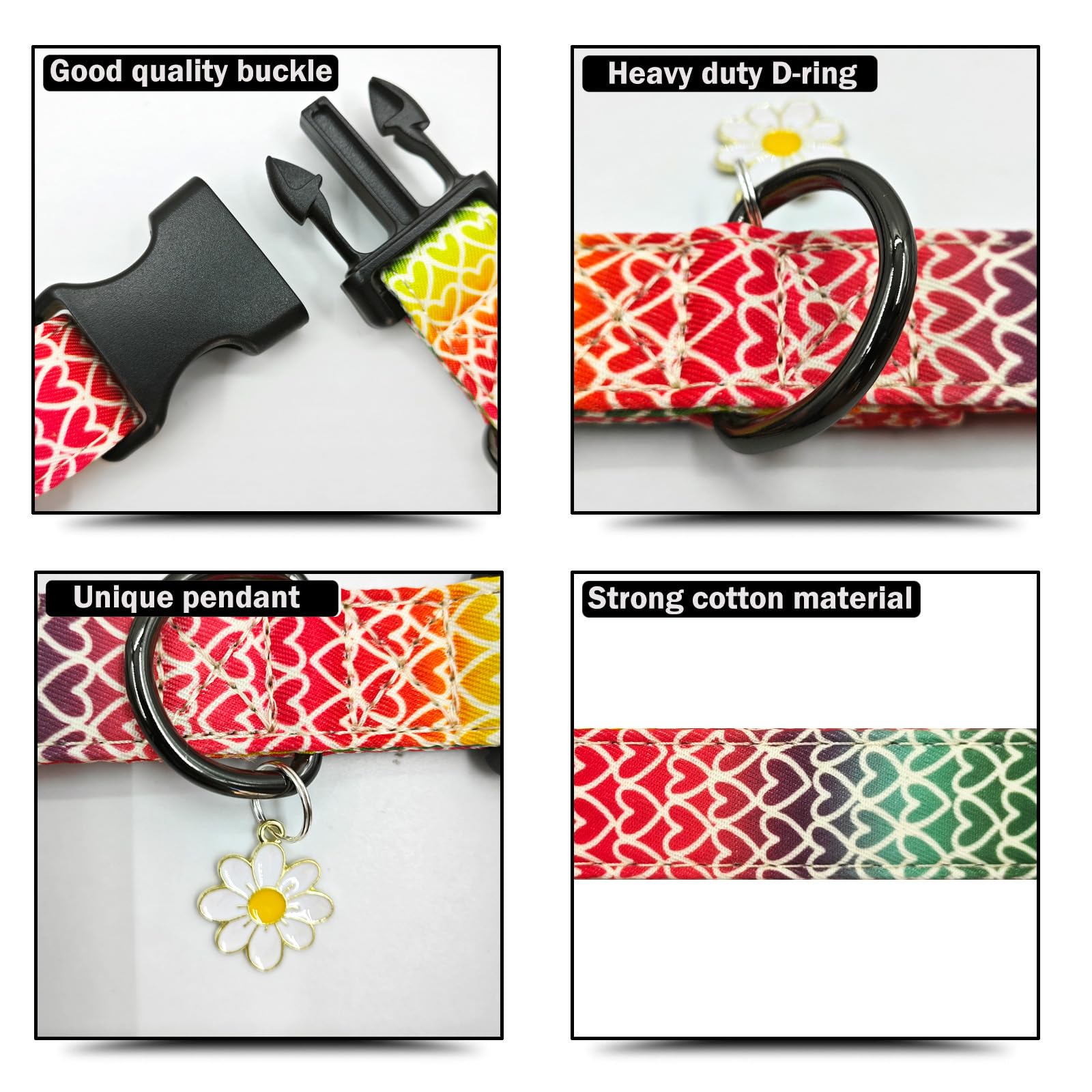 Colorful Heart Dog Collar With Pendant, Durable And Soft Cotton Dog Collars For Small Large Female And Male Dogs Pets(Heart L)