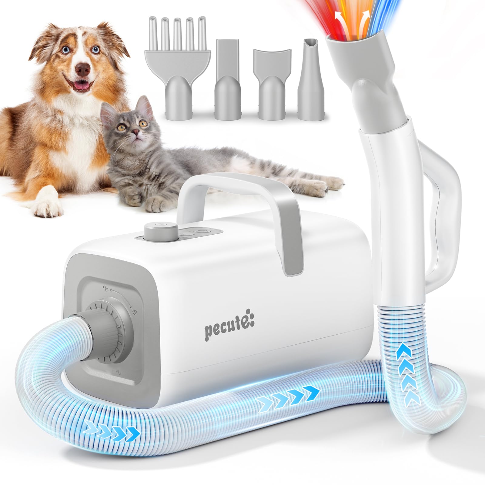 Pecute High-Velocity Dog Hair Dryer, Dog Blow Dryer with Adjustable Speed & Temp, Dog Dryer with Cool-Warm-Hot Cycle Mode, 4 Noz