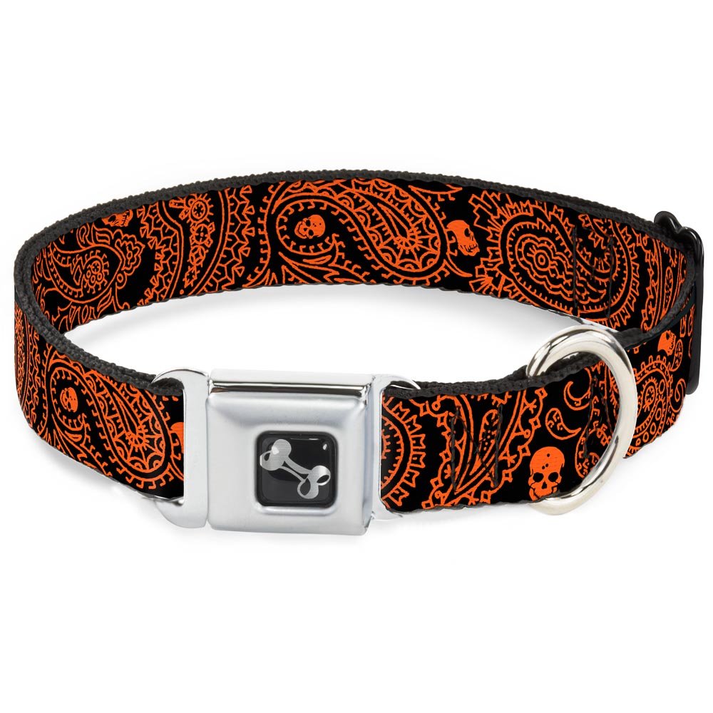 Dog Collar Seatbelt Buckle Bandana Skulls Black Orange 13 To 18 Inches 1.5 Inch Wide