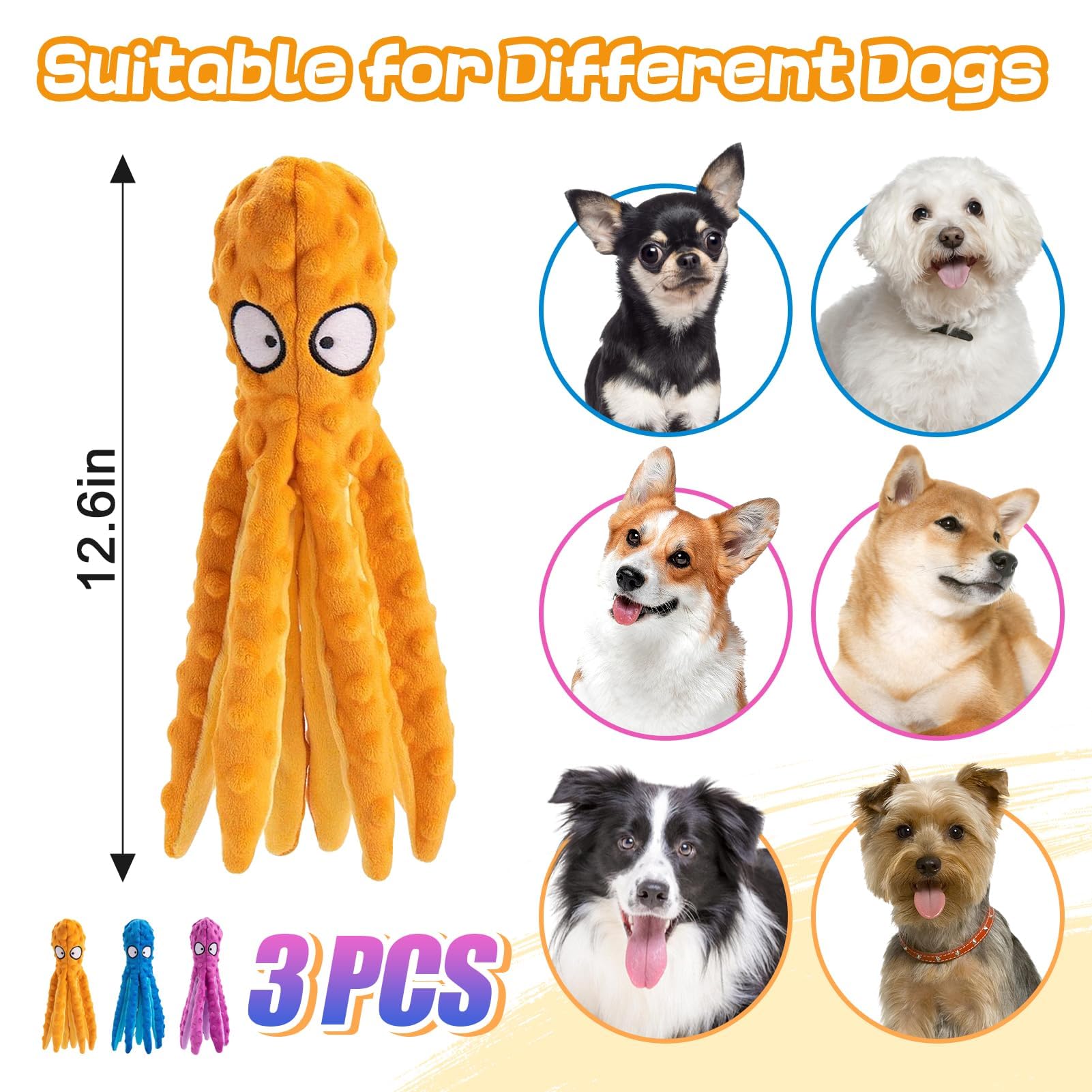 Alphatool Squeaky Dog Toys, Octopus Dog Toys For Aggressive Chewers, Tough No Stuffing Plush Dog Toys For Large Dogs, Crinkle Interactive Puppy Dog Toys For Small Medium Dogs(3Pcs)