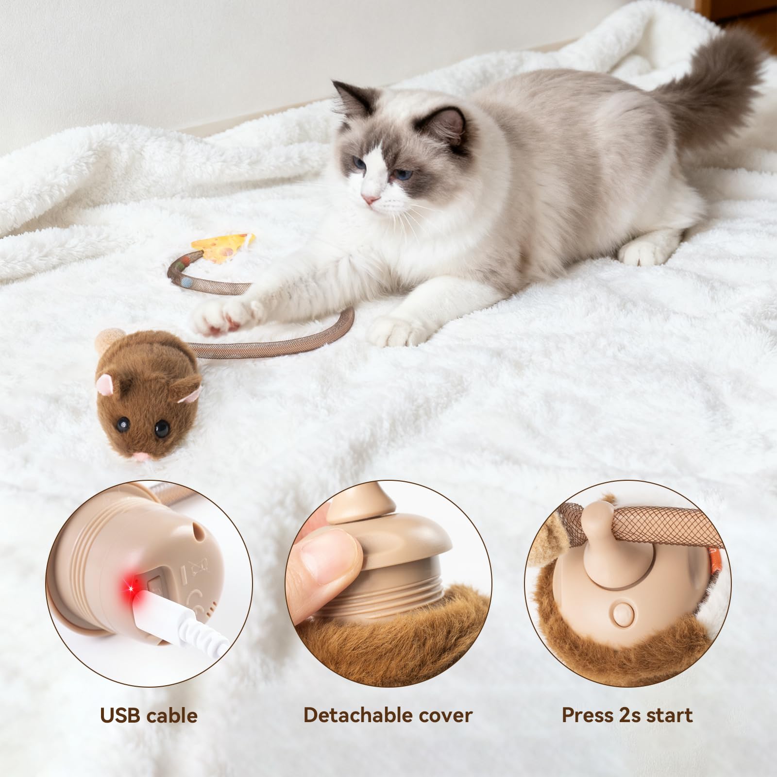 Migipaws Interactive MigiMouse Cat Toy 360 Rolling & Spin with Wiggling Tail for Indoor Cats Smart Motion Sensor, Realistic Sque