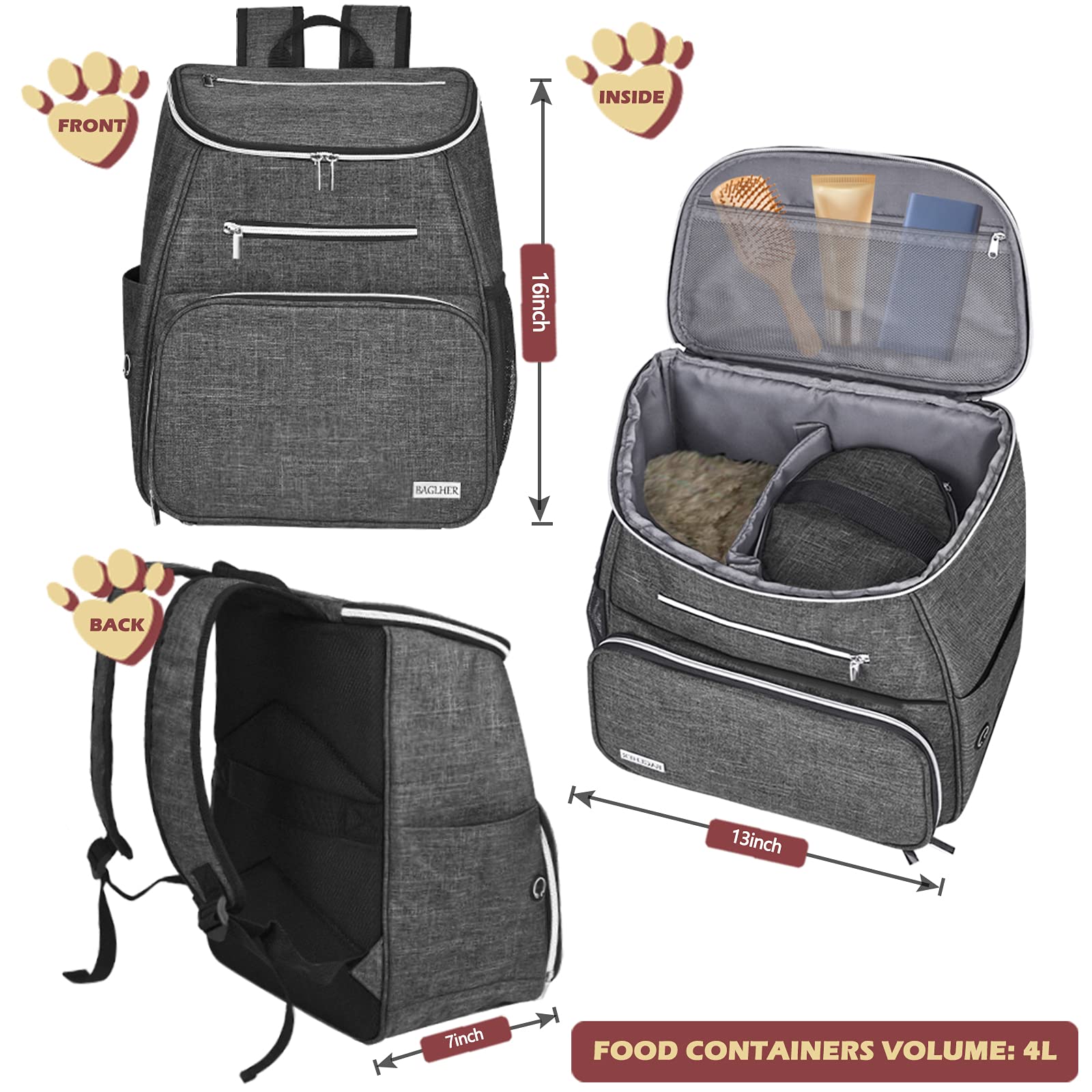 BAGLHER ?Dog Travel Bag Backpack, Airline Approved Pet Supplies Backpack, Dog Travel Backpack with 2 Silicone Collapsible Bowls