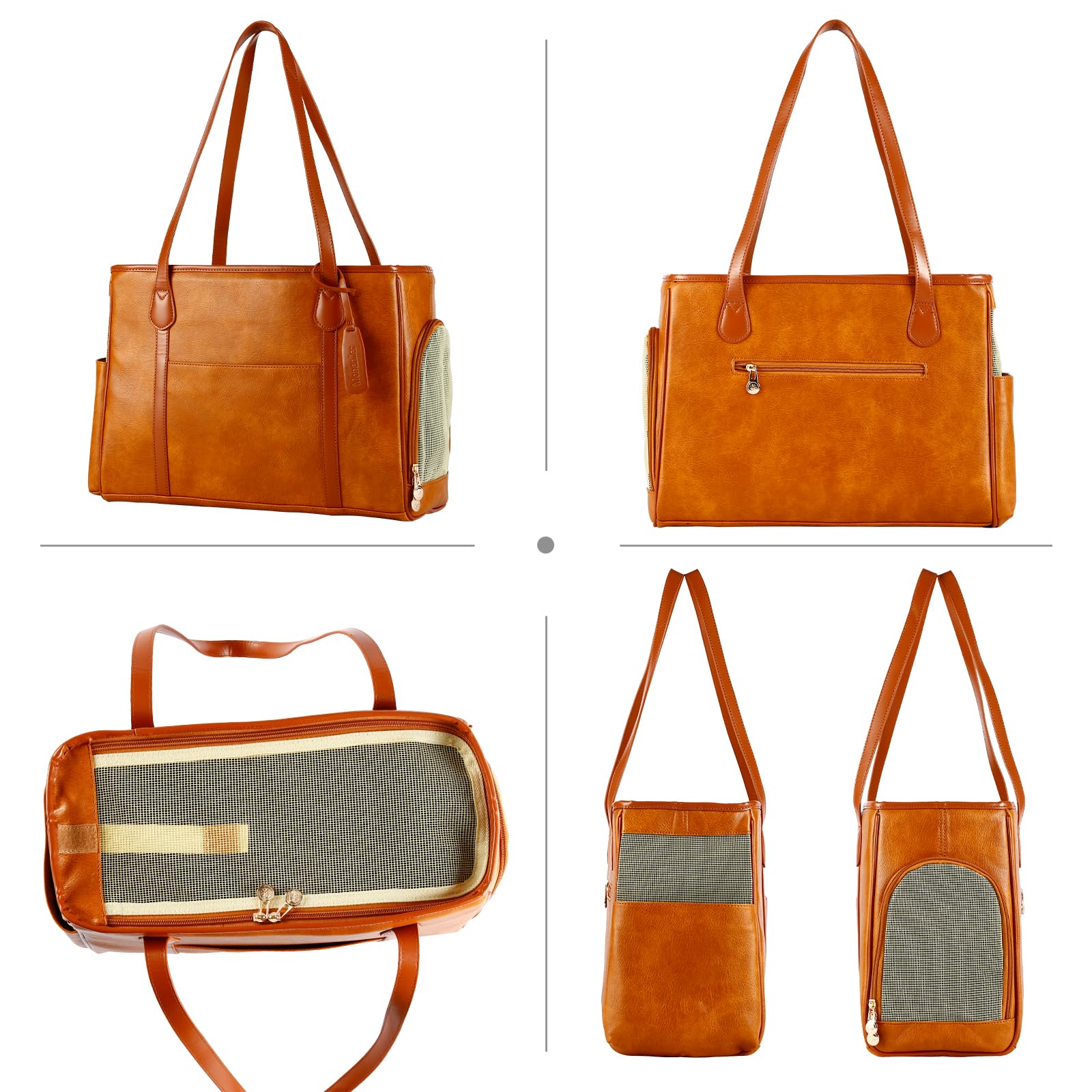 Monanller Stylish Dog Purse Carrier, Leather Pet Carrier Bag For Small Dogs Cats Puppy, Airline Approved Soft-Sided Carrier Brow