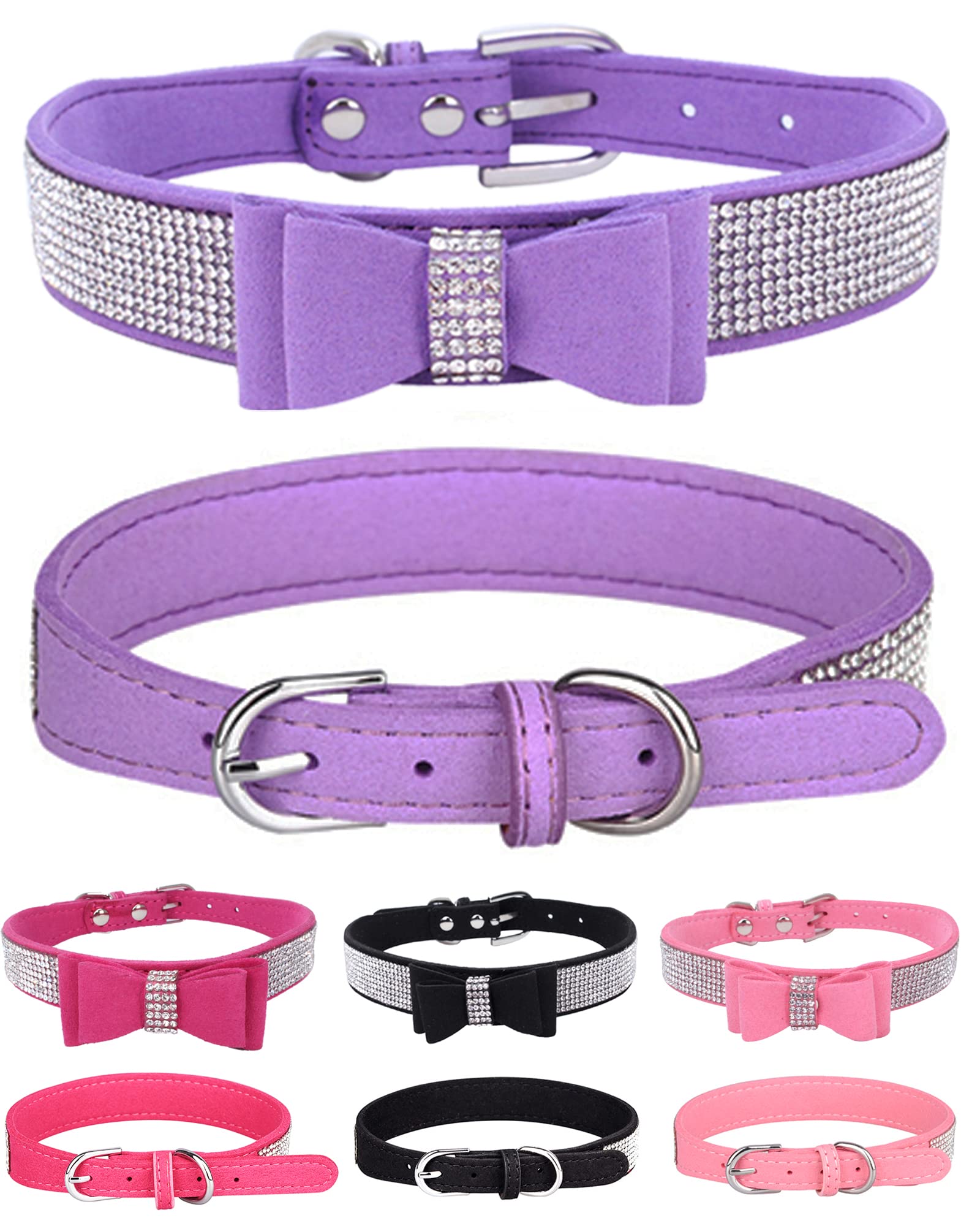 Bling Rhinestone Dog Collars For Small To Large Dogs, Adjustable Leather Suede Sofe Cat Collar (L(15''-18.1''/38Cm-46Cm), Purple