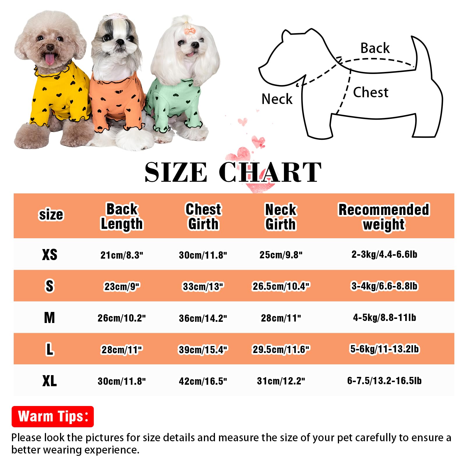 Yaopelky Pet Clothes For Small Dogs Cat Summer Fall Heart Print Shirt Stretchable Ruffle Long Sleeve Outfits For Chihuahua Schna
