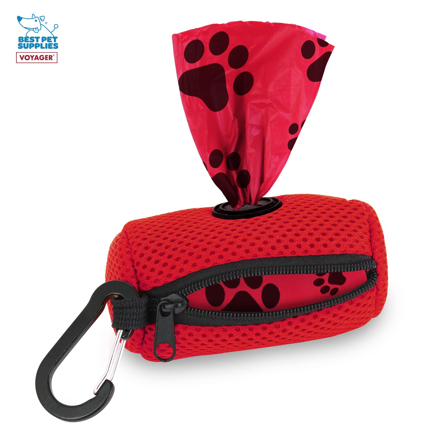 Best Pet Supplies Dog Poop Bag Holder Leash Attachment, Color, Reusable Mesh Dispenser Pouch For Travel, Walking, Park, And Outdoor Use, Soft And Durable With Clip-On - Mesh Red