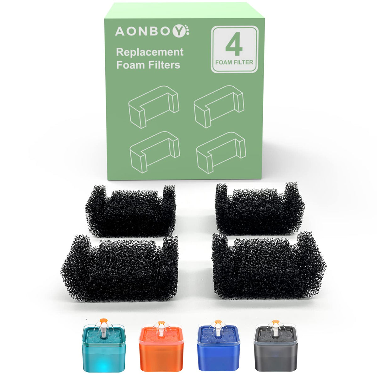 Aonboy Cat Water Fountain Pump Filters, Suitable For Aonboy Pet Fountain Pump F2, Cat Fountain Filter, Triple Filtration (4 Pieces)