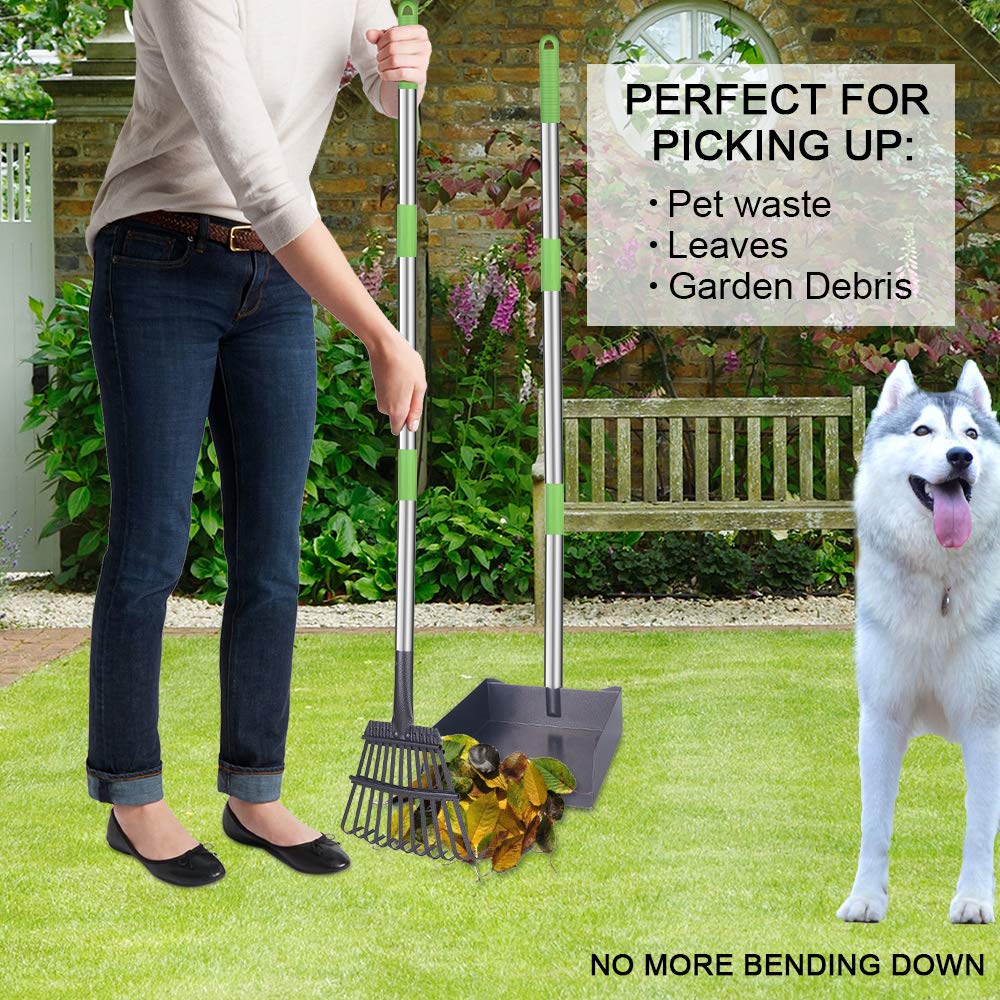 Dinjoo Extra Large Dog Pooper Scooper, Metal Pet Poop Tray & Rake Set, Adjustable Long Handle For Large Dogs - Great For Grass/Street/Gravel