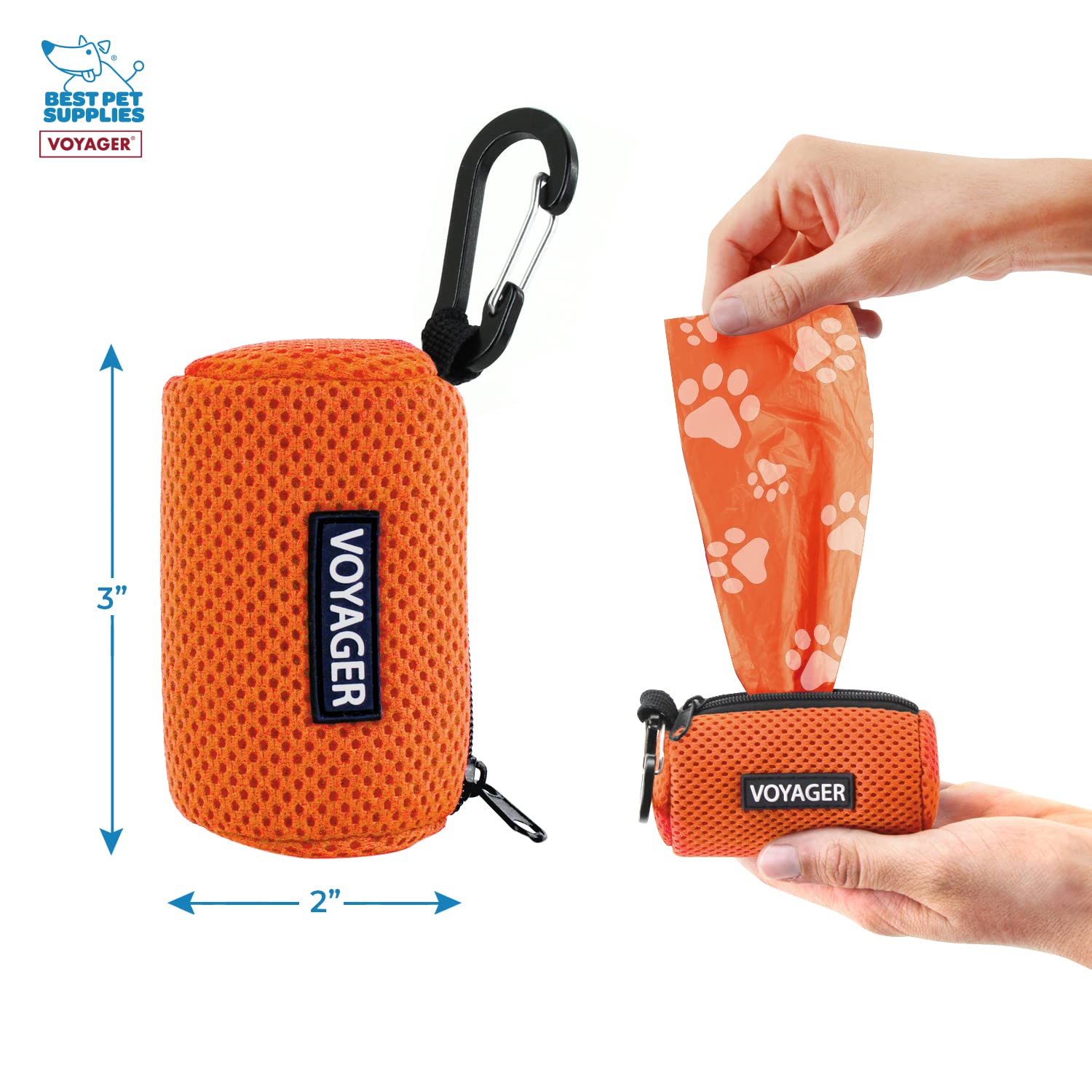 Best Pet Supplies Dog Poop Bag Holder Leash Attachment With 15 Bags, Orange, Reusable Mesh Dispenser Pouch For Travel, Walking,