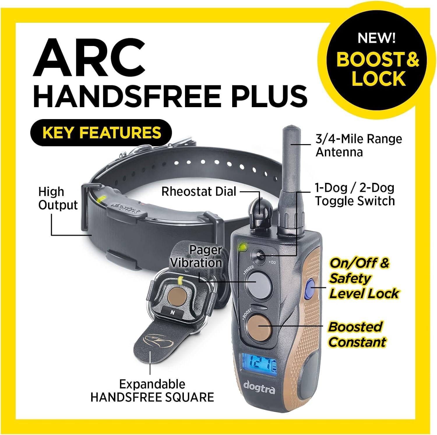 Dogtra ARC HANDSFREE Plus Boost and Lock, Remote Dog Training E-Collar, HANDSFREE Square for Discreet Control, Waterproof, Recha
