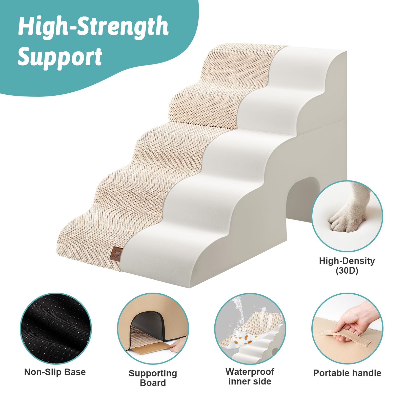 COZY KISS Wide Dog Stairs for Bed with Tunnel 19.7 Width, Foam Detachable Large Dog Step for Small Dog, Puppy or Cats, Medium Pe