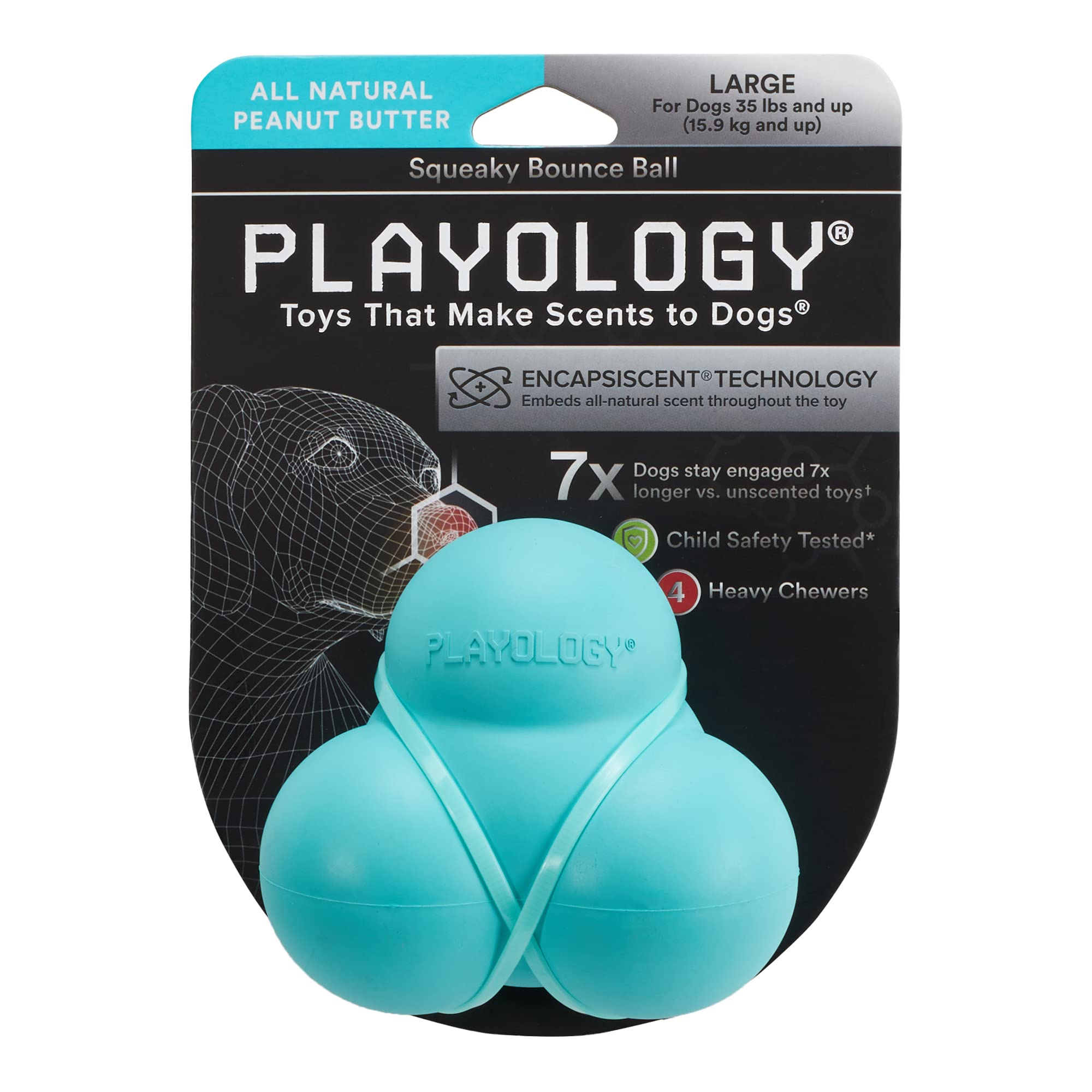 Playology Squeaky Bounce Ball Dog Toy, for Large Dog Breeds (35lbs and Up) - for Heavy Chewers - Engaging All-Natural Peanut But