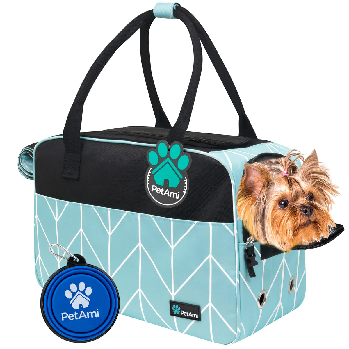 Petami Dog Purse Carrier For Small Dogs, Airline Approved Soft Sided Pet Carrier With Pockets, Ventilated Dog Carrying Bag For Puppy Cat, Dog Travel Supplies Bag, Sherpa Bed, Max 12 Lbs, Chevron Teal