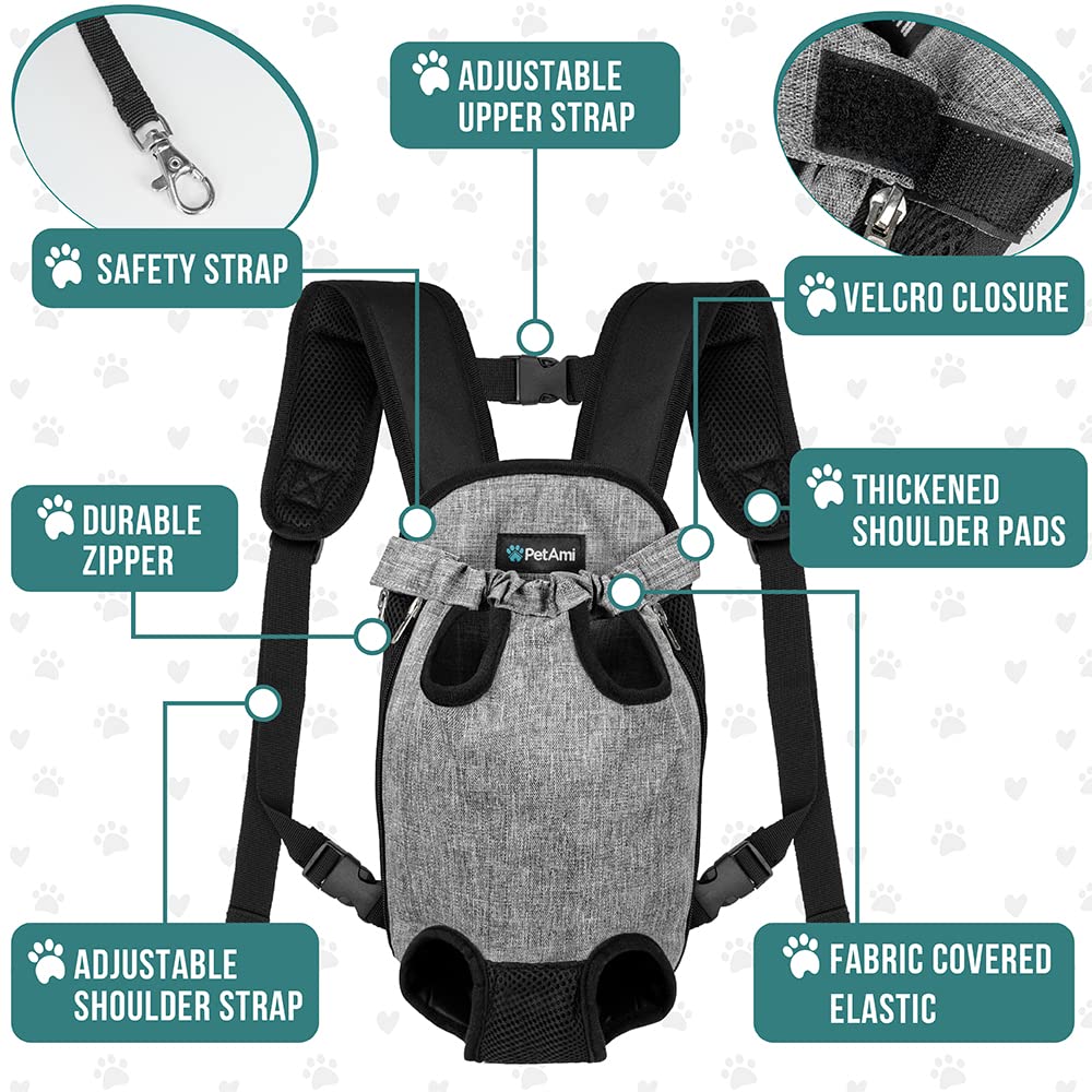 Petami Dog Carrier Backpack, Adjustable Pet Cat Front Carrier Backpack, Ventilated Dog Chest Carrier For Hiking Camping Travel, Sling Bag For Small Medium Dog Cat Puppies, Medium, 9-13 Lbs, Grey