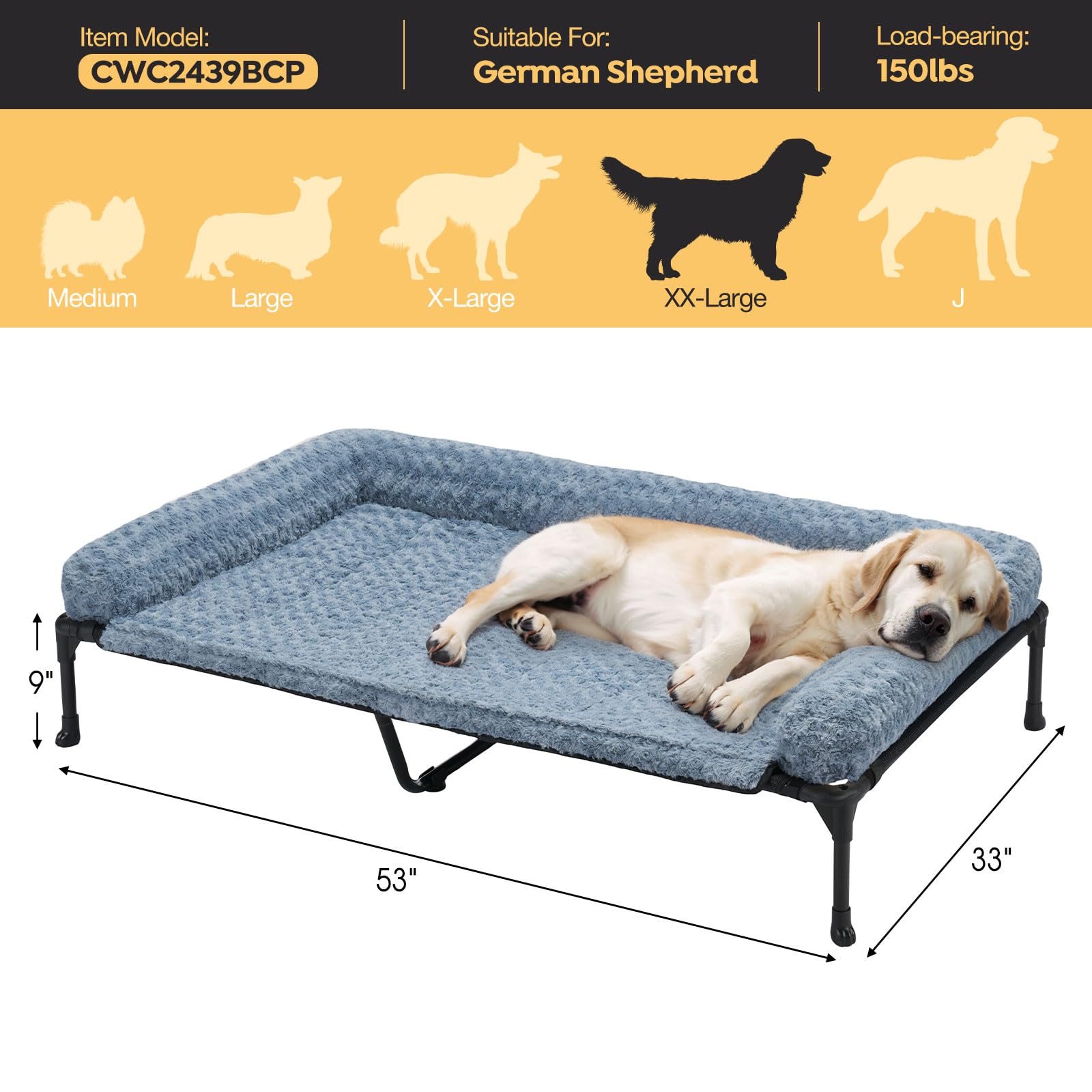 Veehoo Cooling Elevated Dog Bed Add Removable Deluxe Rose Plush Bolster Cushion Mat, 53'' X 33'' Washable Dog Couch Bed, Raised