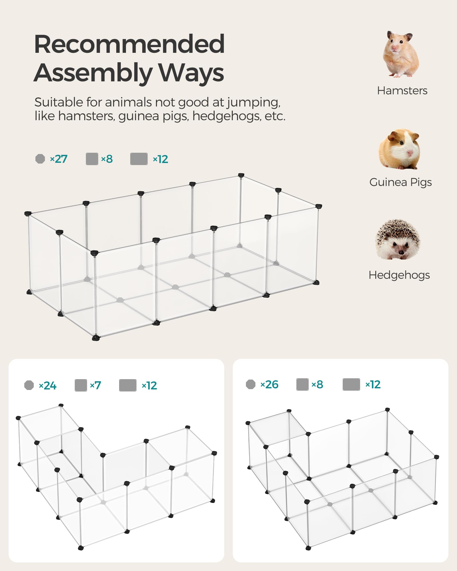 Songmics Pet Playpen With Floor, Small Animal Pen, Pet Fence Indoor, Diy Plastic Enclosure For Hamsters, Rabbits, Hedgehogs, Ferrets, 56.3 X 28.7 X 18.1 Inches, White Ulpc02W