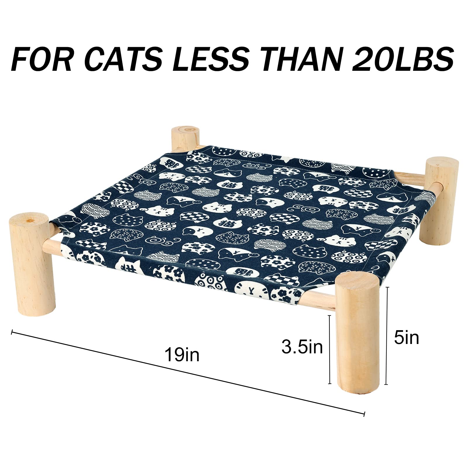 Patas Lague Pet Bed, Small, Elevated Cooling Hammock Bed, Wood, 19X19X5 Inches, 20 Lbs, Blue Cat, Indoor/Outdoor, Square, For Ca