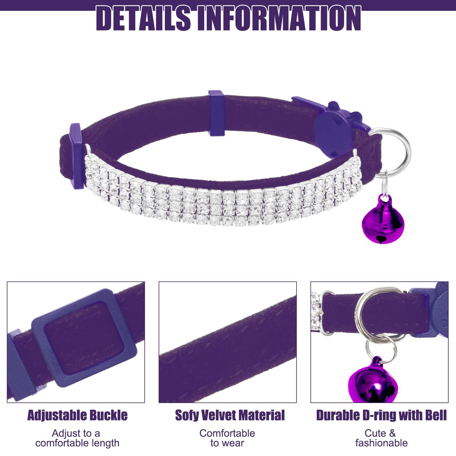 Expawlorer Soft Velvet Safe Cat Collars For Girl Cats -2 Pack Rhinestones Bling Diamante Adjustable Collars Breakaway- Chirstmas